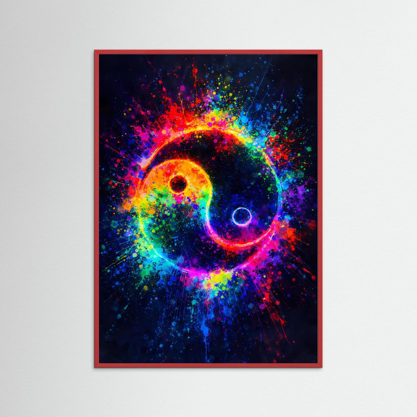 Wandbild mit Yin‑Yang-Farbexplosion im dunkelroten Rahmen