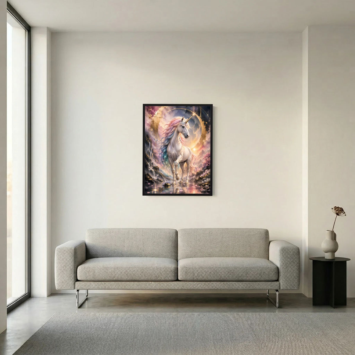 Gerahmtes Hochformat-Poster mit weißem Einhorn, pastellfarbener Mähne und goldener Aura