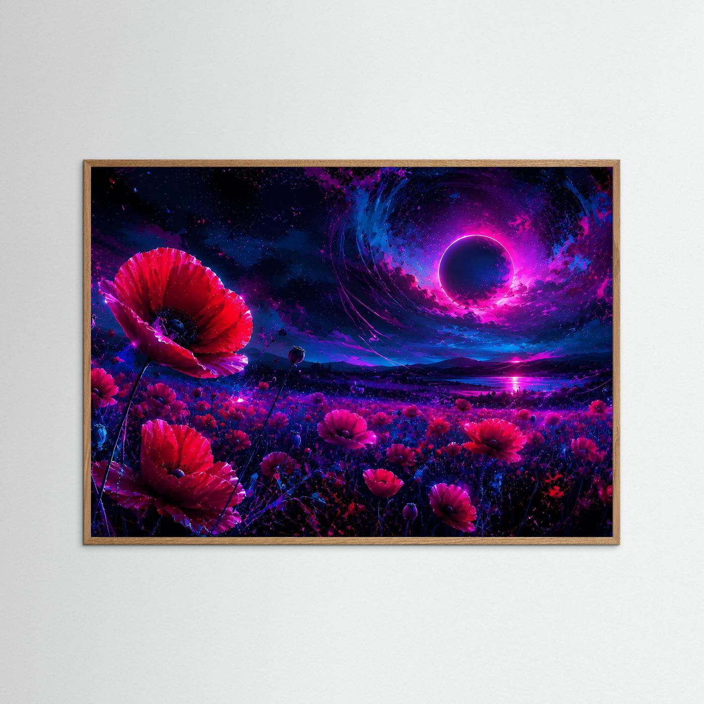 Mohnblumen Poster Querformat | Neon Fantasy Landschaft mit Mond | Abstrakte Moderne Wandkunst