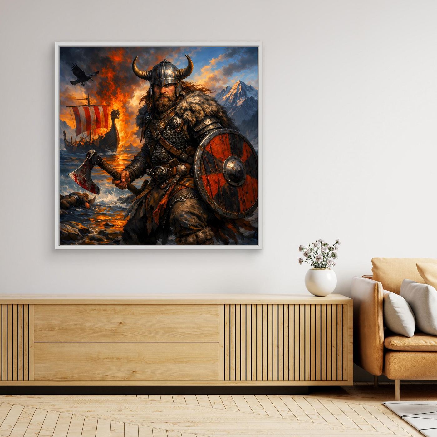 Leinwand Epischer Wikinger-Krieger an der Küste | Modernes Nordisches Wandbild