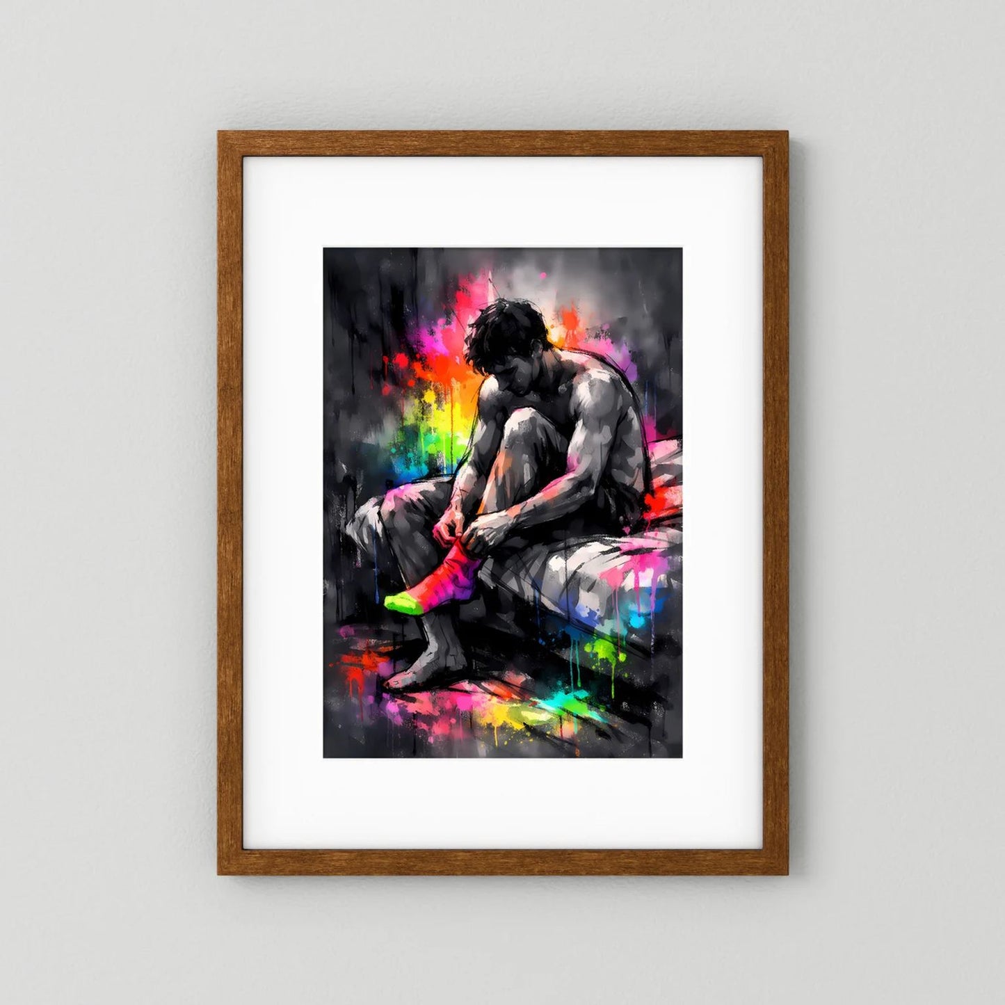 Wandbild im Hochformat: Mann zieht Socken an, abstrakte Neon-Farbexplosion, brauner Holzrahmen.