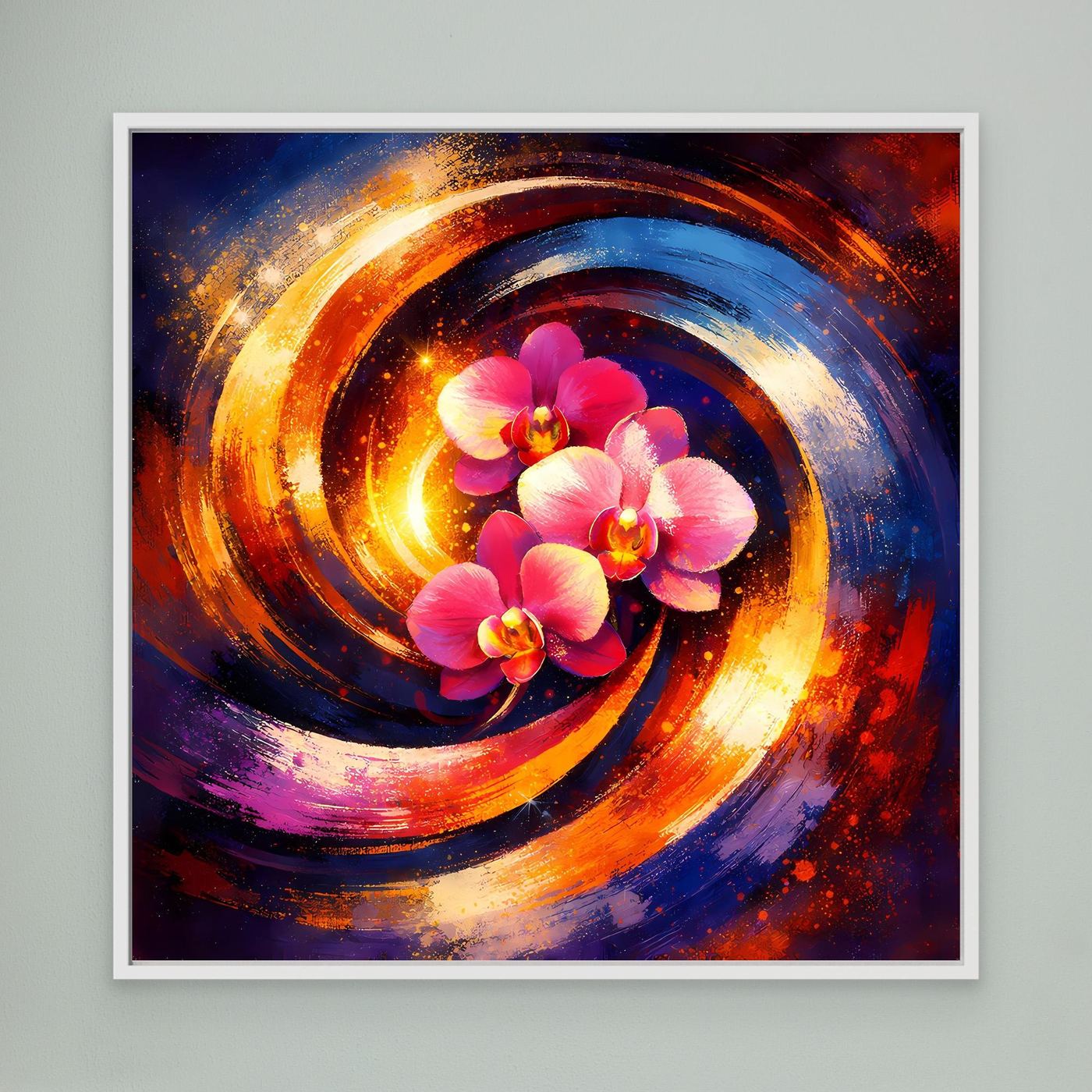 Abstraktes Leinwandbild mit pinken Orchideen und rot-blauen Spiralen, weiß gerahmt