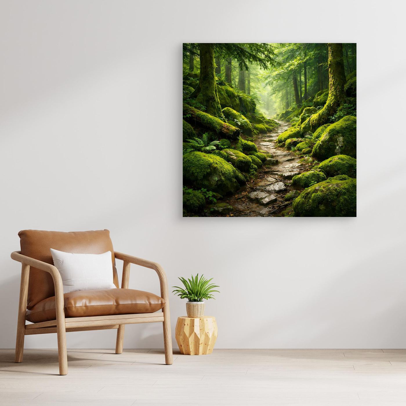 Leinwandbild Waldpfad im Moosgrün, Naturmotiv für die Wand mit Blick in die Tiefe