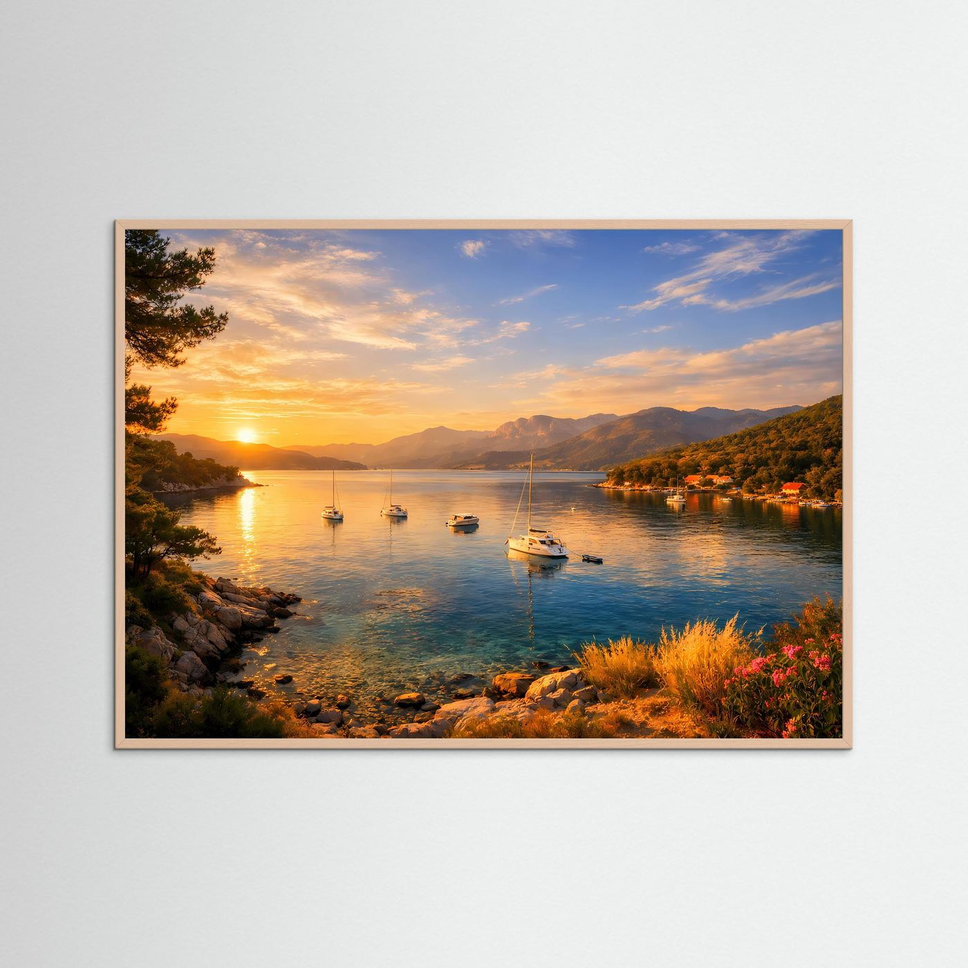 Goldener Sonnenuntergang in der Bucht | Panorama Segelboote & Meer Poster Querformat