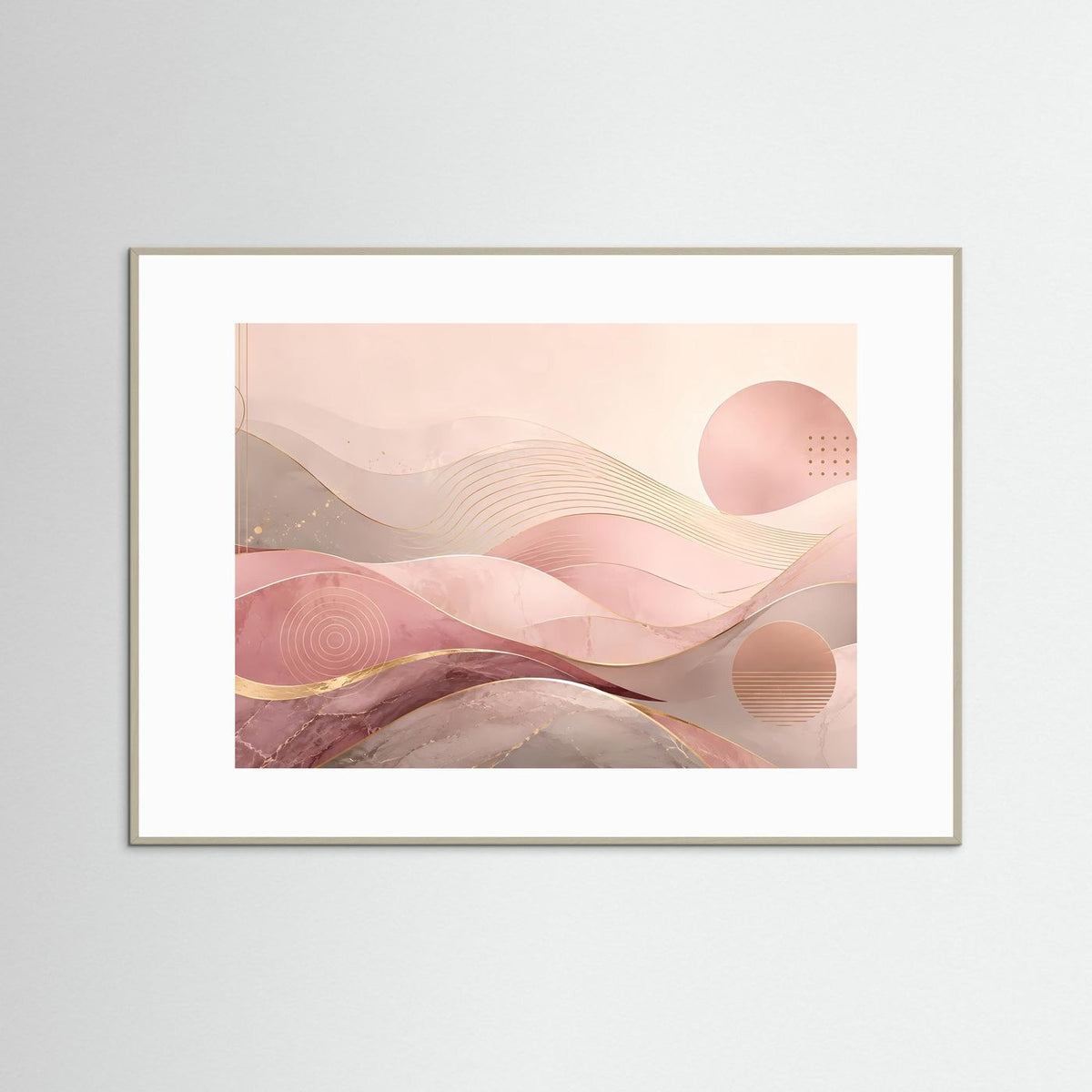Abstraktes Wellen-Poster mit rosa und goldfarbenen Wellen und Kreisen im hellen Rahmen