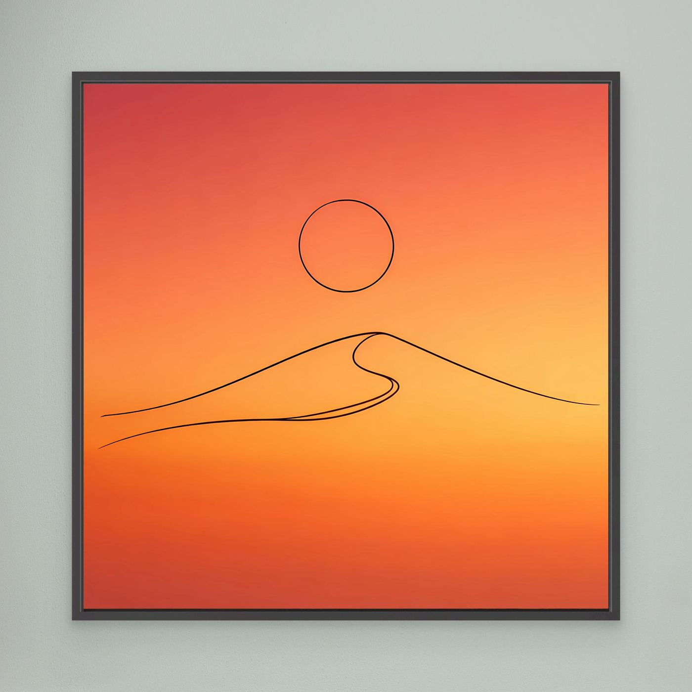 Leinwandbild mit orangefarbenem Sonnenuntergang, Kreis und Düne in Line-Art, schwarz gerahmt