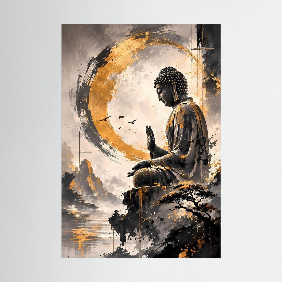 Hochformatiges Poster mit sitzendem Buddha und goldenen Spritzakzenten im Kreismotiv