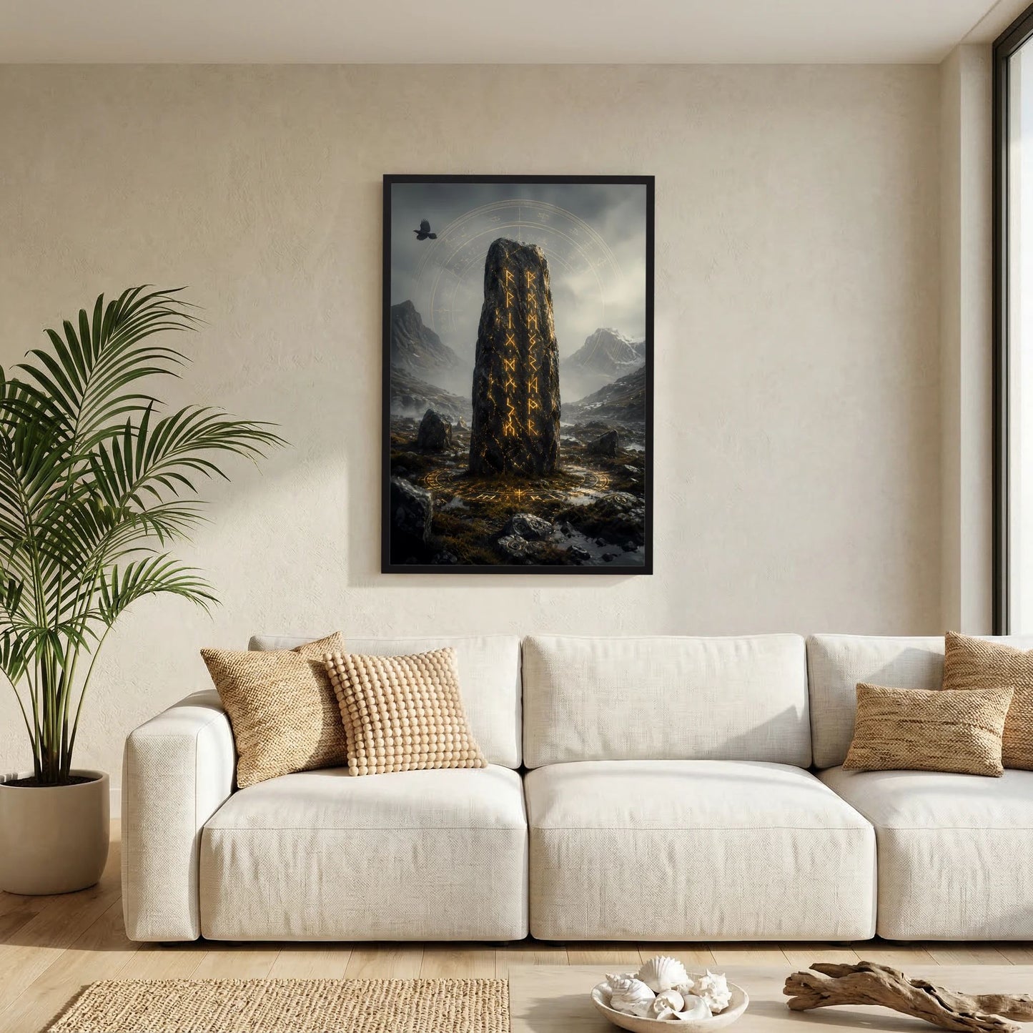 Hochformat-Poster im schwarzen Rahmen mit Runenstein und goldenen Symbolen im Bergtal.