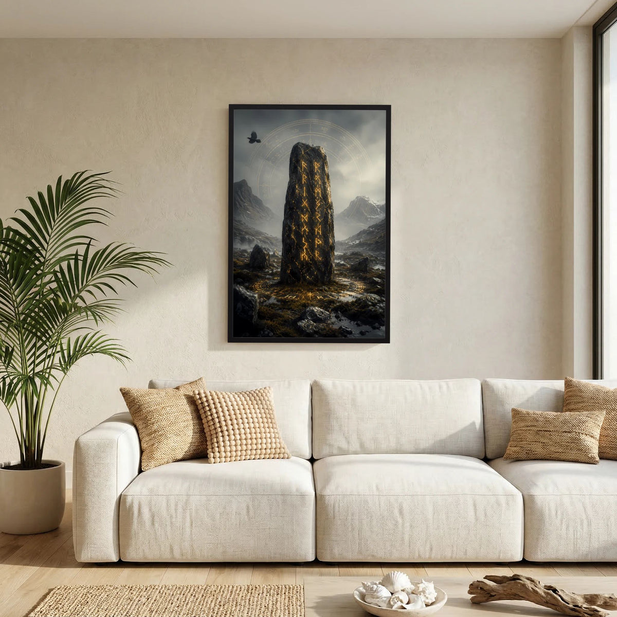 Hochformat-Poster im schwarzen Rahmen mit Runenstein und goldenen Symbolen im Bergtal.
