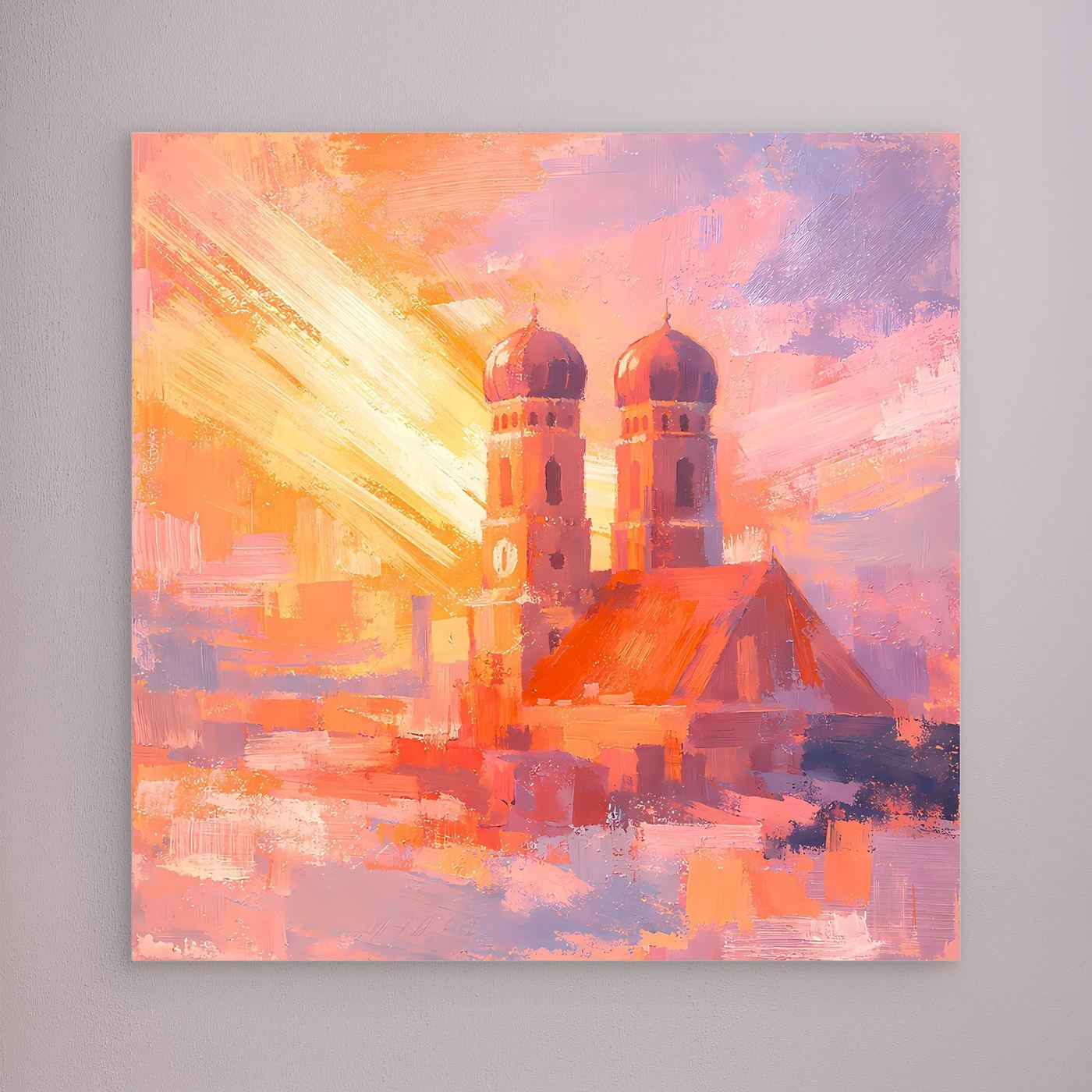Premium Leinwand Frauenkirche München im Sonnenaufgang | Abstraktes Skyline Wandbild Bayern