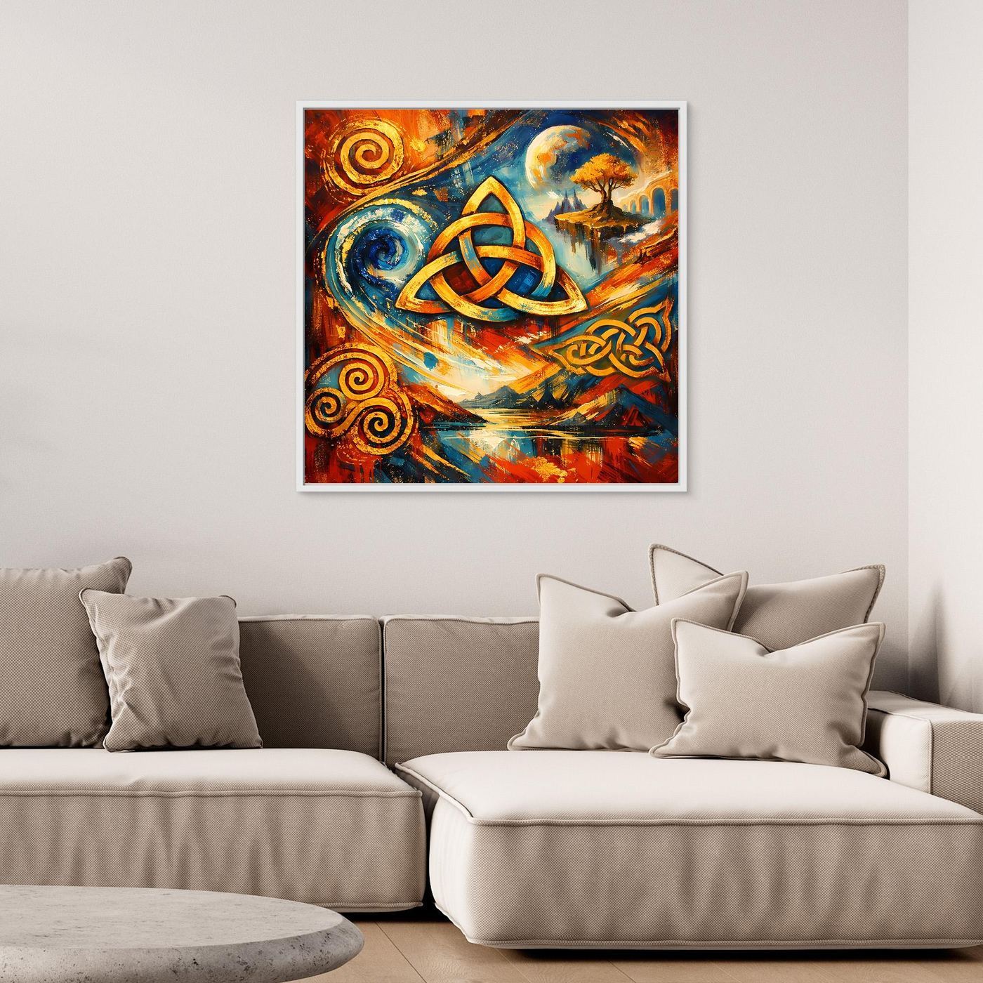 Gerahmtes Leinwandbild mit keltischer Triquetra im abstrakten Stil, kräftige Blau- und Orangetöne.