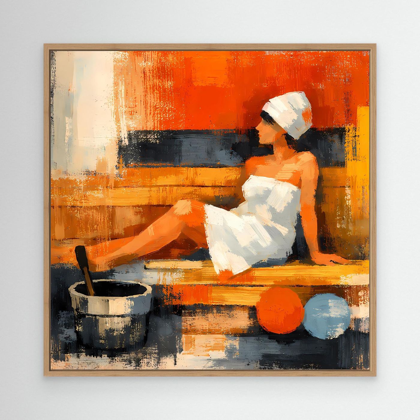 Abstract sauna wall art with light wood frame; reclining woman, bucket and orange-blue balls