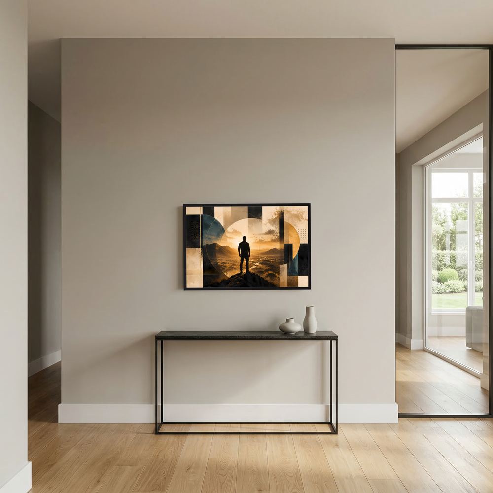 Wandbild im Querformat: Mann-Silhouette zwischen goldenen und schwarzen Rechtecken