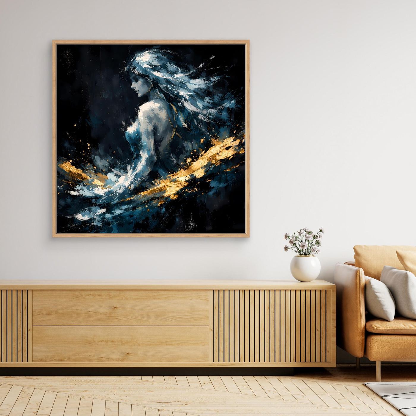 Leinwand Mystische Frauen-Figur in Blau und Gold | Modernes Abstraktes Fantasie Wandbild