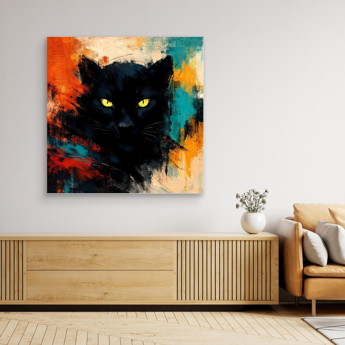 Leinwandposter mit schwarzem Panther und gelben Augen, abstrakter Farbexplosion