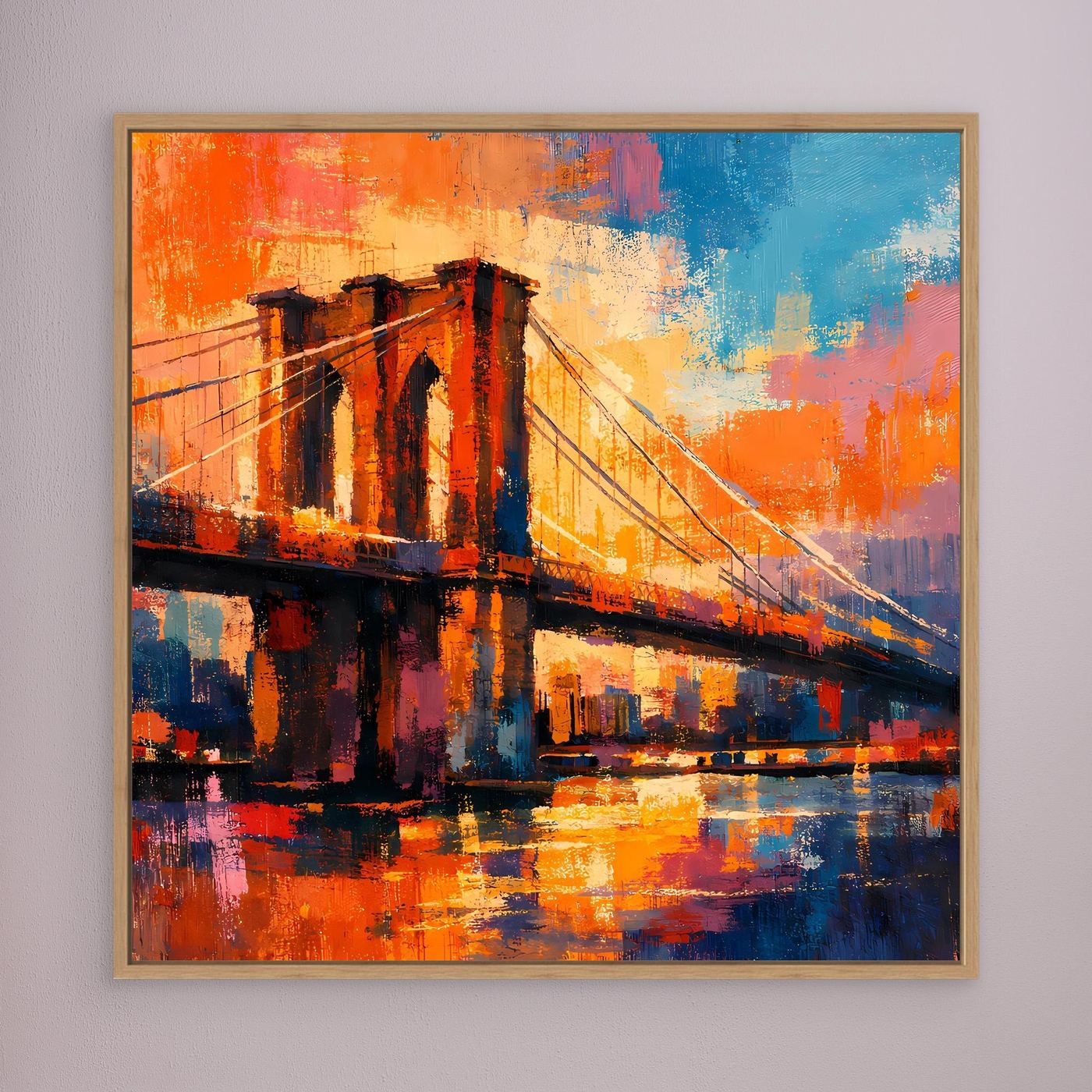 Abstraktes Leinwand-Wandbild Brooklyn-Brücke, orange-blau, goldbrauner Rahmen