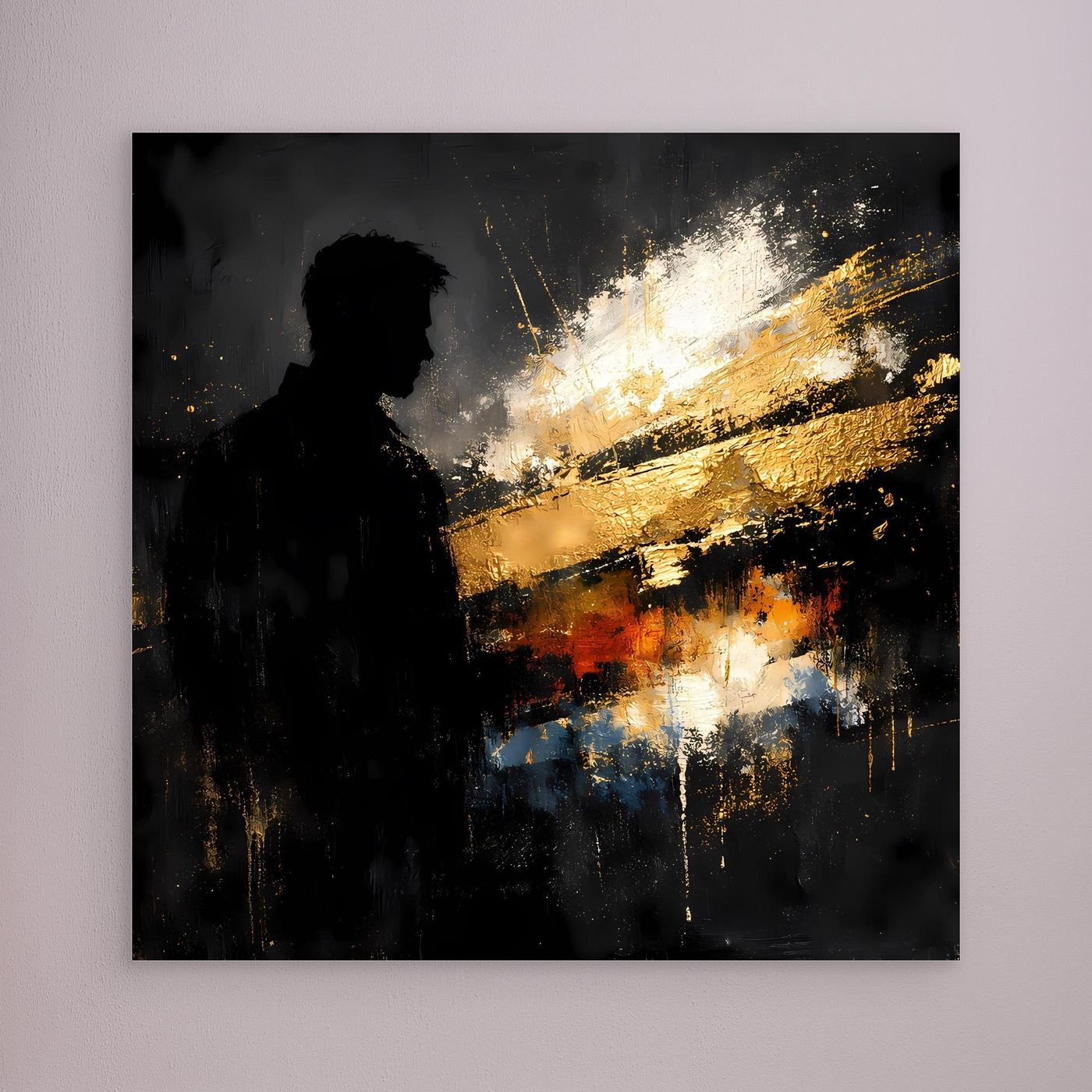 Leinwand Markante Silhouette in Gold und Schwarz | Modernes Abstraktes Männer Portrait Wandbild