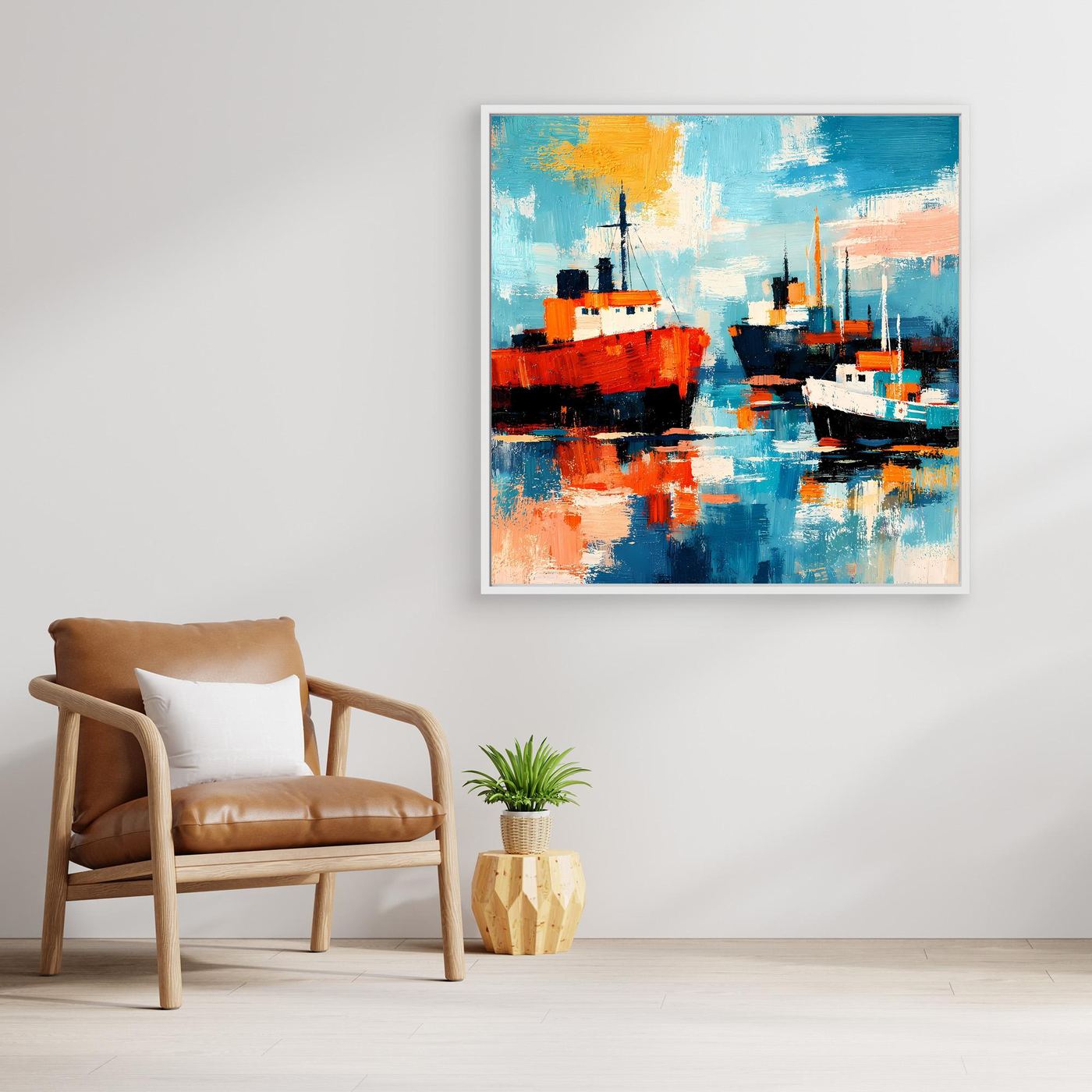 Maritimes Leinwand-Wandbild mit zwei Schiffen im abstrakten Farbspiel, heller Rahmen.