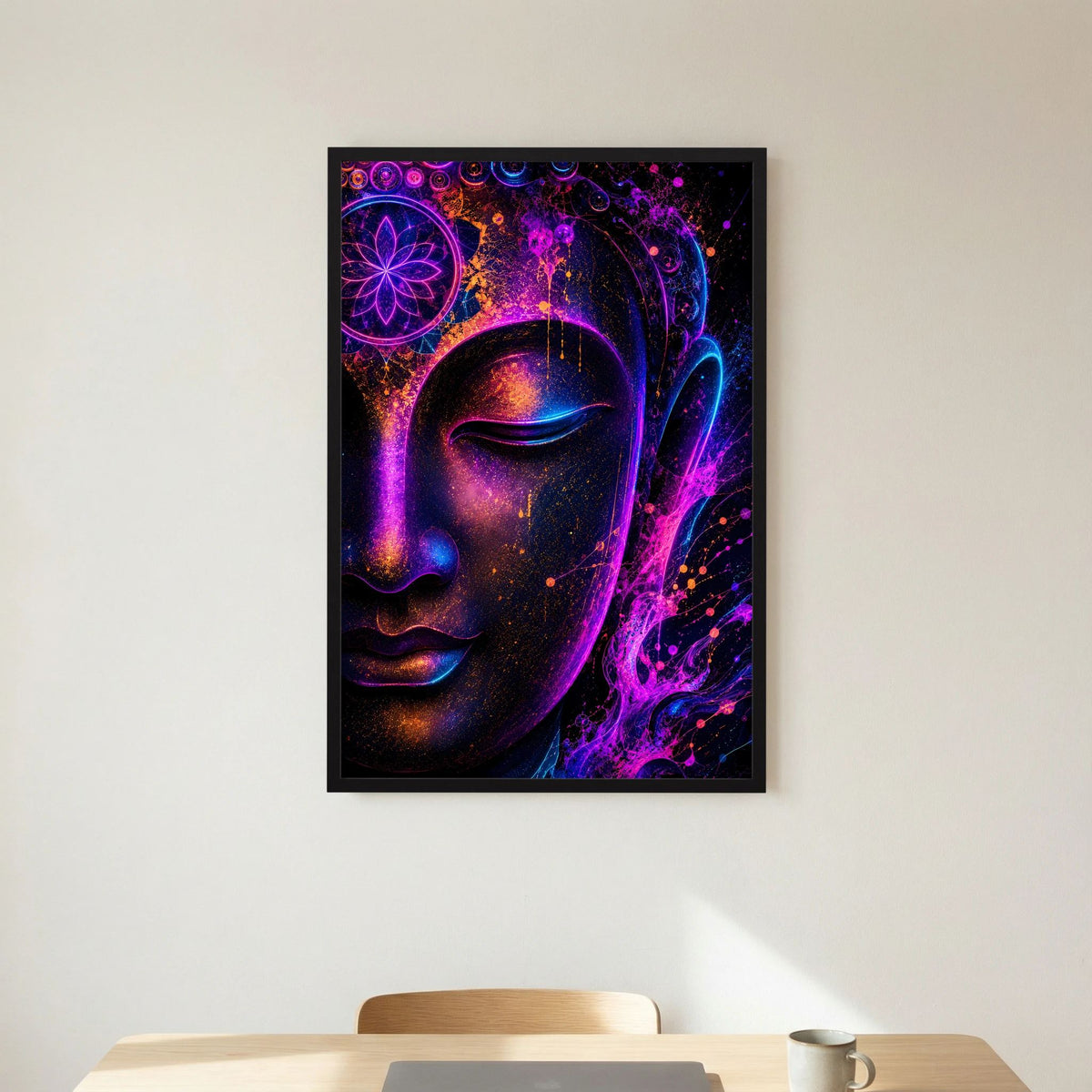 Neon-Buddha-Poster mit schwarzem Rahmen, Buddha-Profil mit leuchtenden Pink-Blau-Tönen