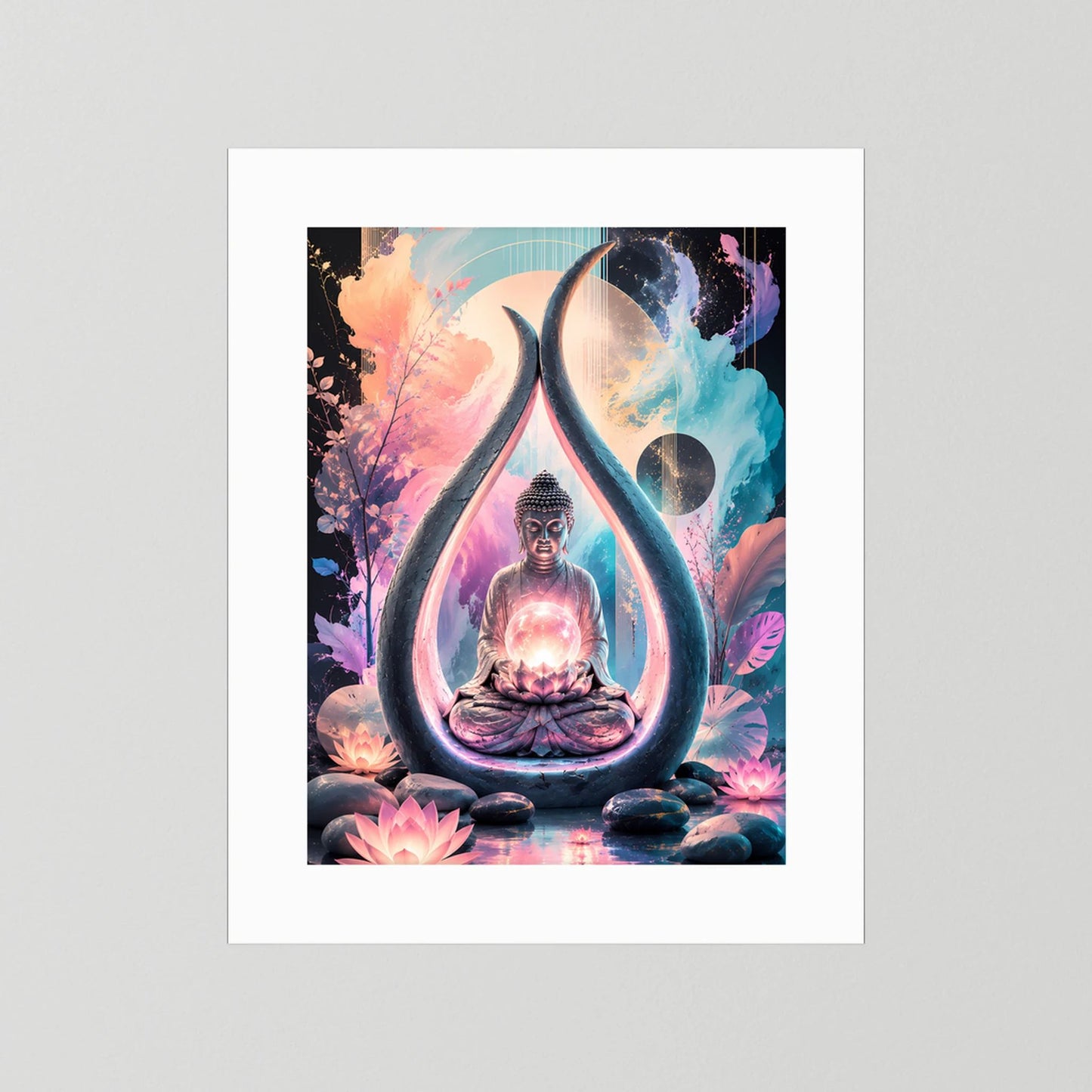 Hochformat-Poster: Buddha im Meditationssitz, Lotus-Design, weißer Rand