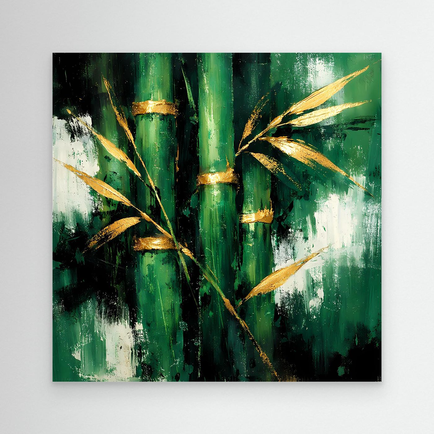 Leinwand Abstraktes Bambus Gemälde in Grün und Gold | Modernes Natur Wandbild