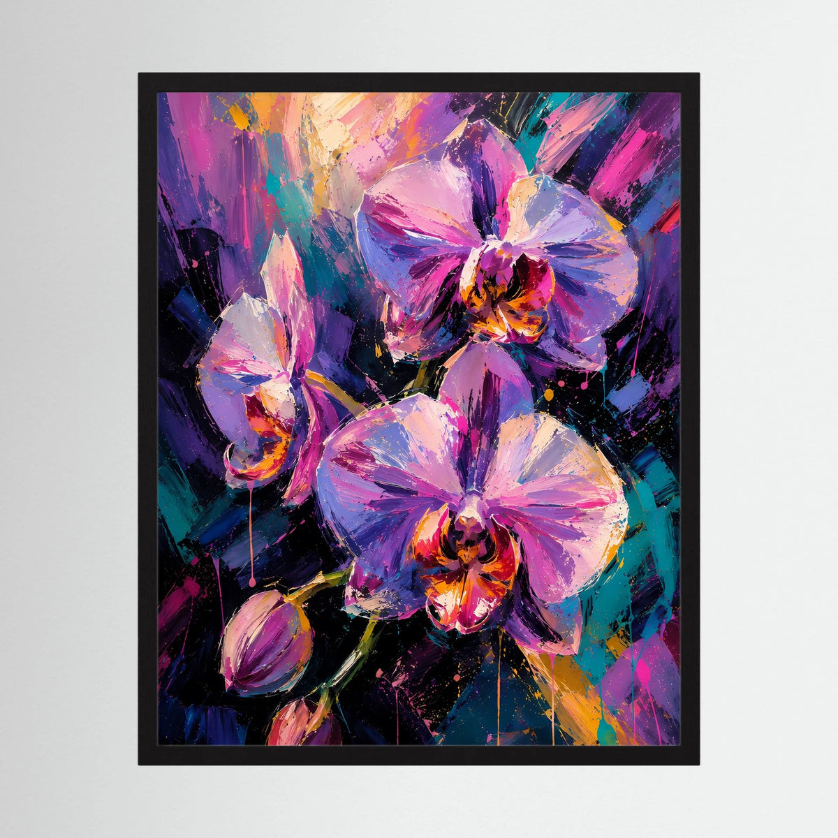 Gerahmtes Hochformat-Poster mit abstrakten Orchideen in Pink/Violett, farbige Pinselstriche.