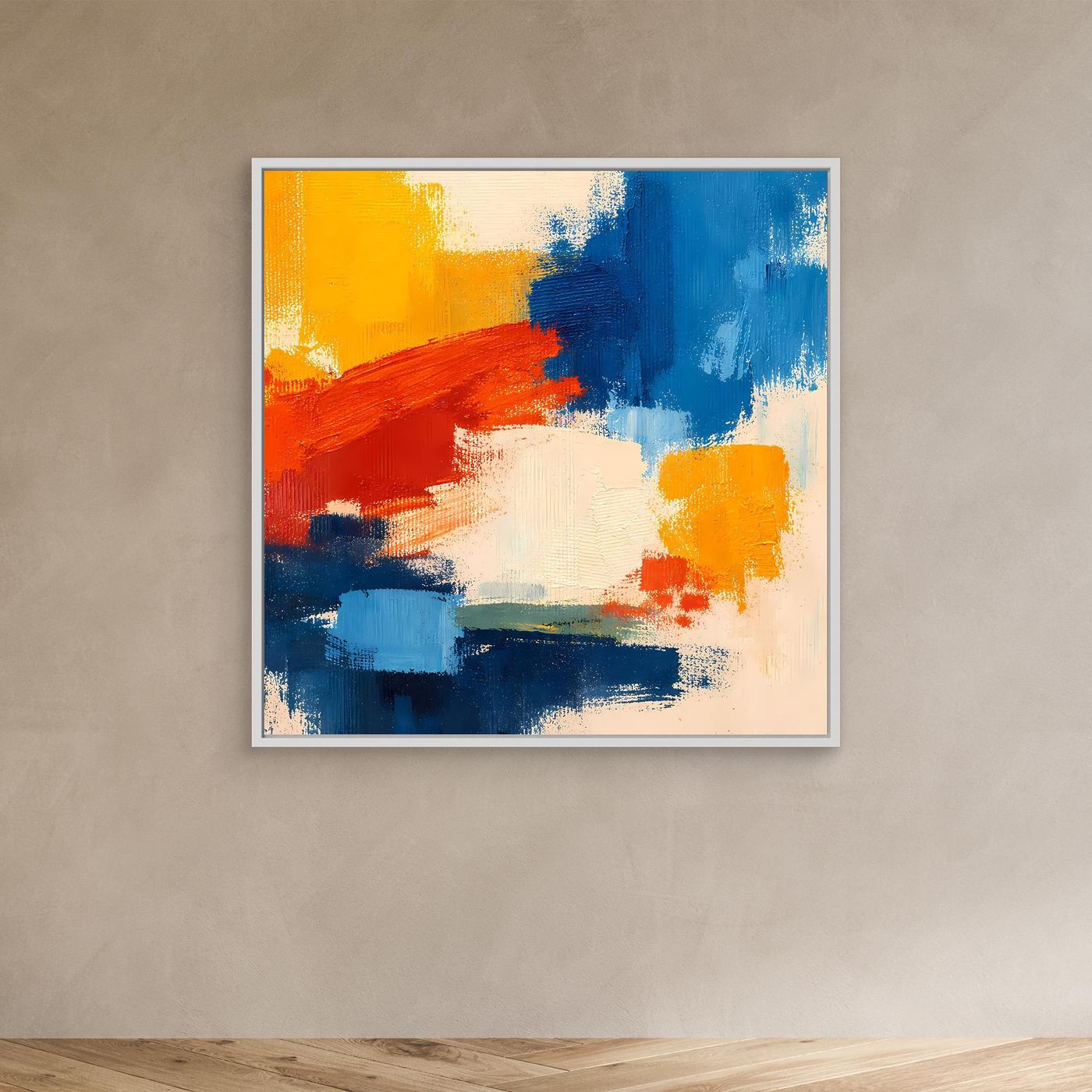 Abstract canvas wall art with vibrant yellow, red, and blue paint layers and bold strokes