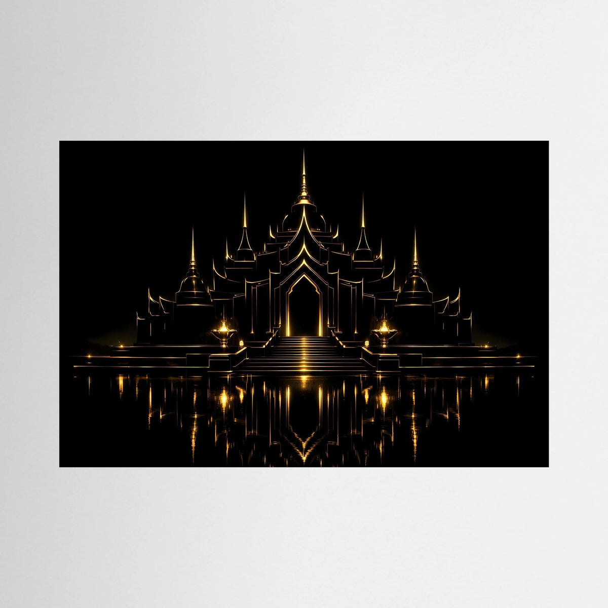 Wandbild im Querformat mit schwarzer Vorlage und goldener Tempelarchitektur mit Spiegelung im Wasser