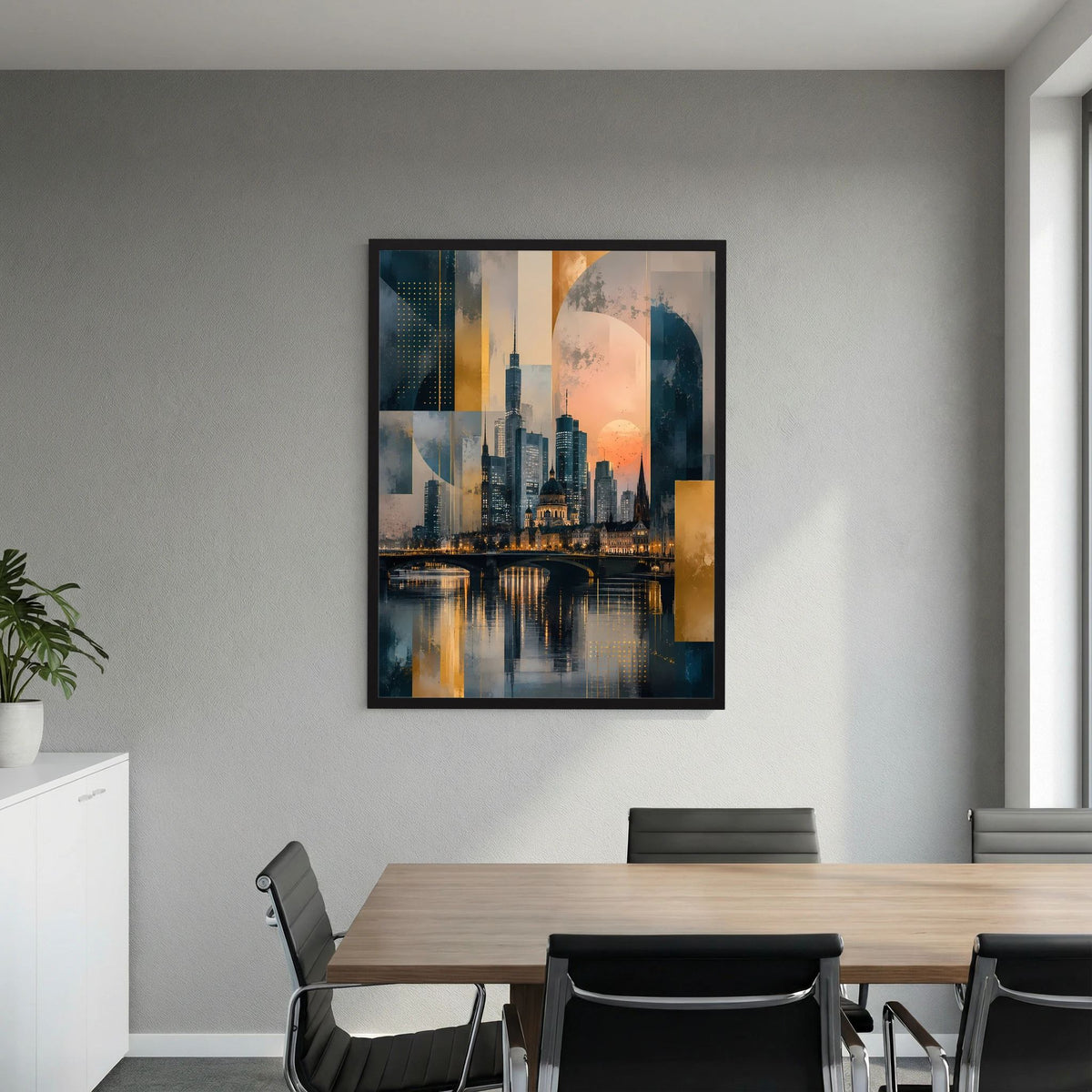 Hochformat-Poster mit abstrakter Skyline, dunkler Petrolhintergrund und goldene Highlights