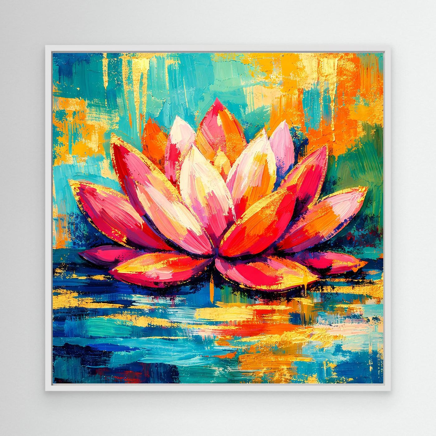 Abstraktes Lotus-Wandbild im weißen Rahmen, bunte Blütenblätter auf türkis-gelbem Grund