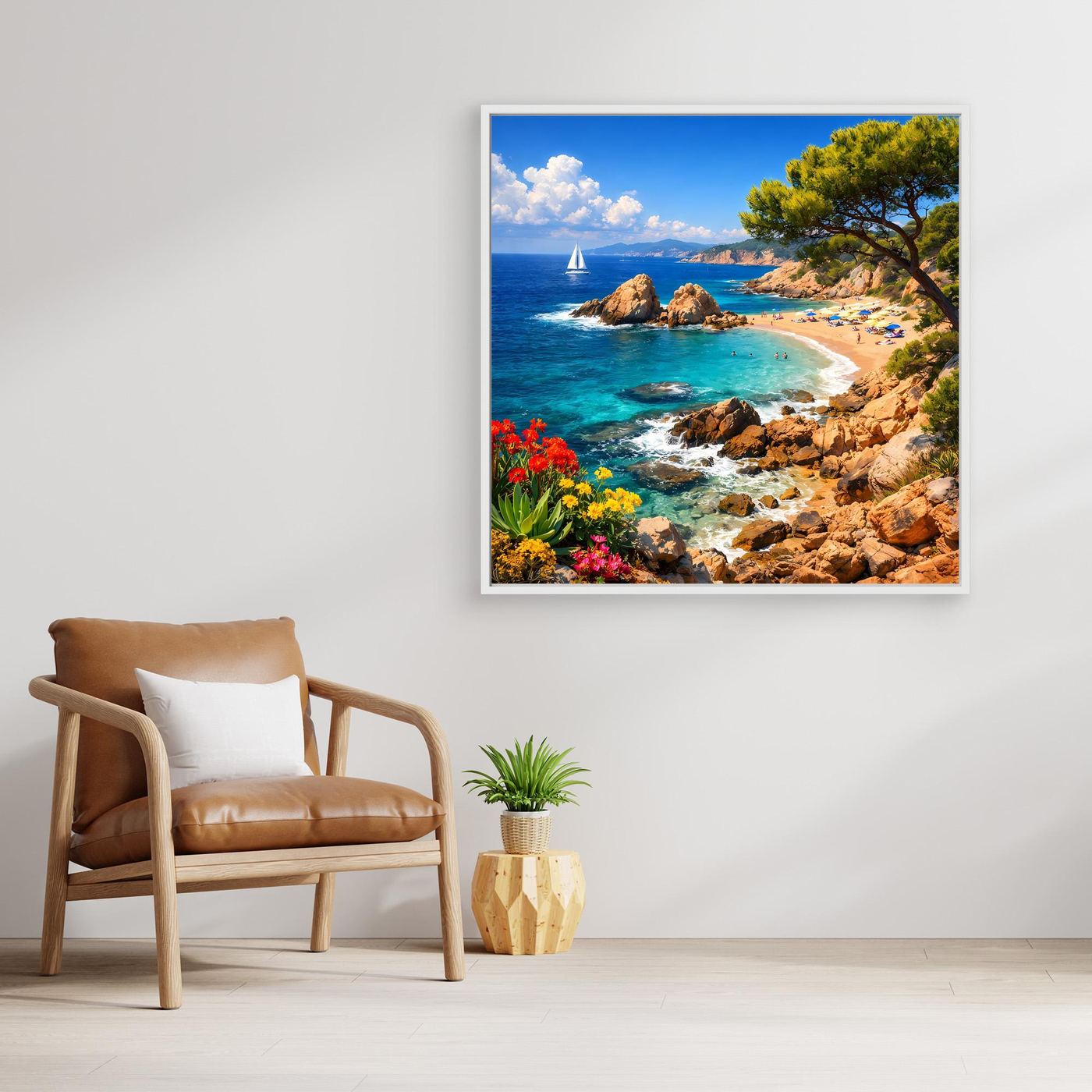 Leinwand-Wandbild im dunklen Rahmen mit Küstenbucht, türkisblauem Wasser und Felsen