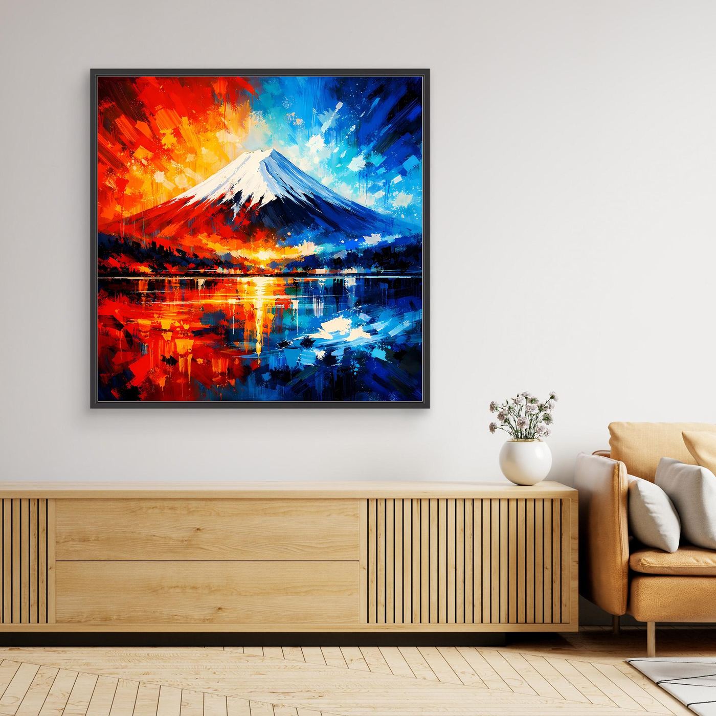 Leinwand Majestätischer Mount Fuji im Feuer- und Eis-Kontrast | Abstraktes Japan Wandbild