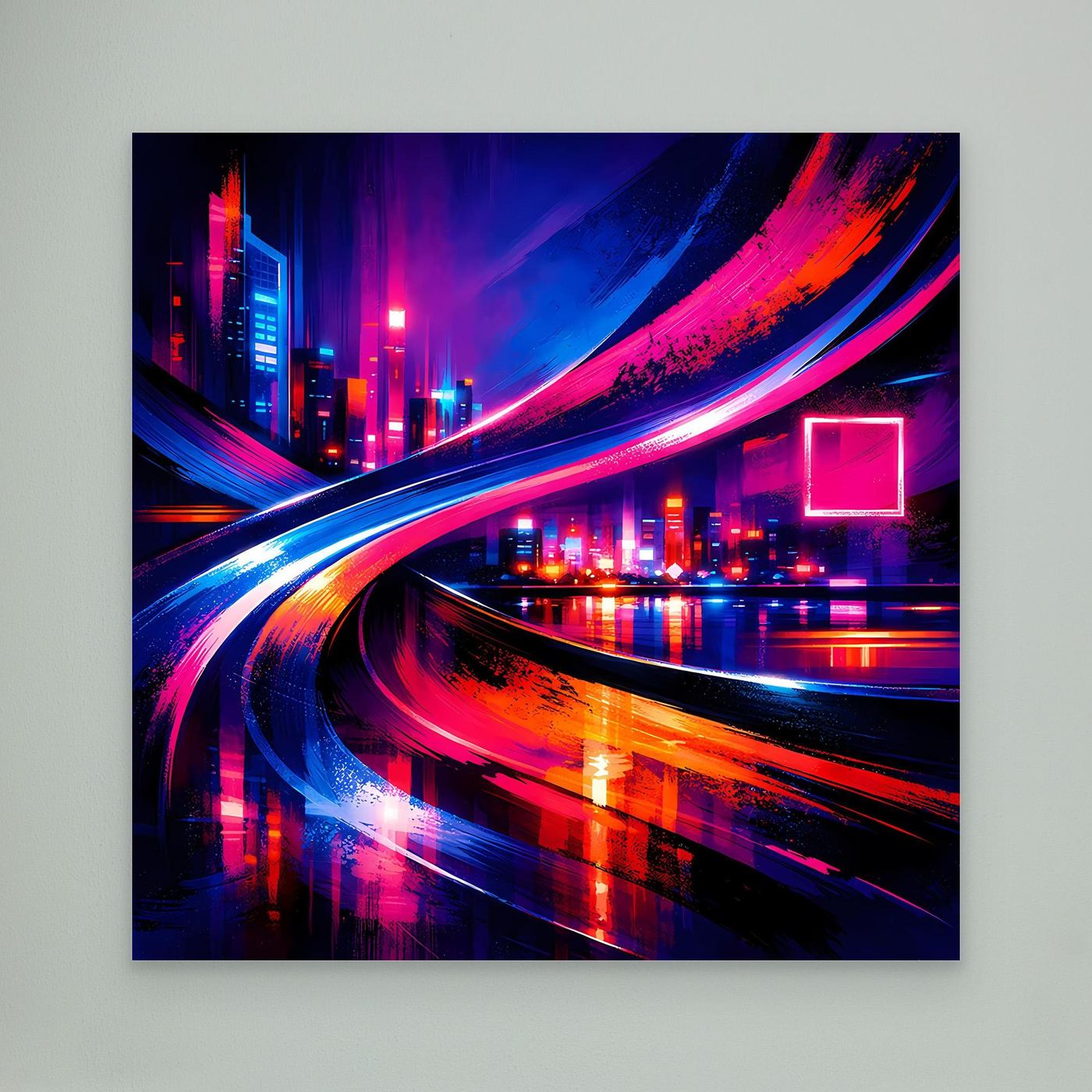 Leinwandbild mit Cyberpunk-Neon-Skyline, bunte Lichtstreifen und Spiegelungen