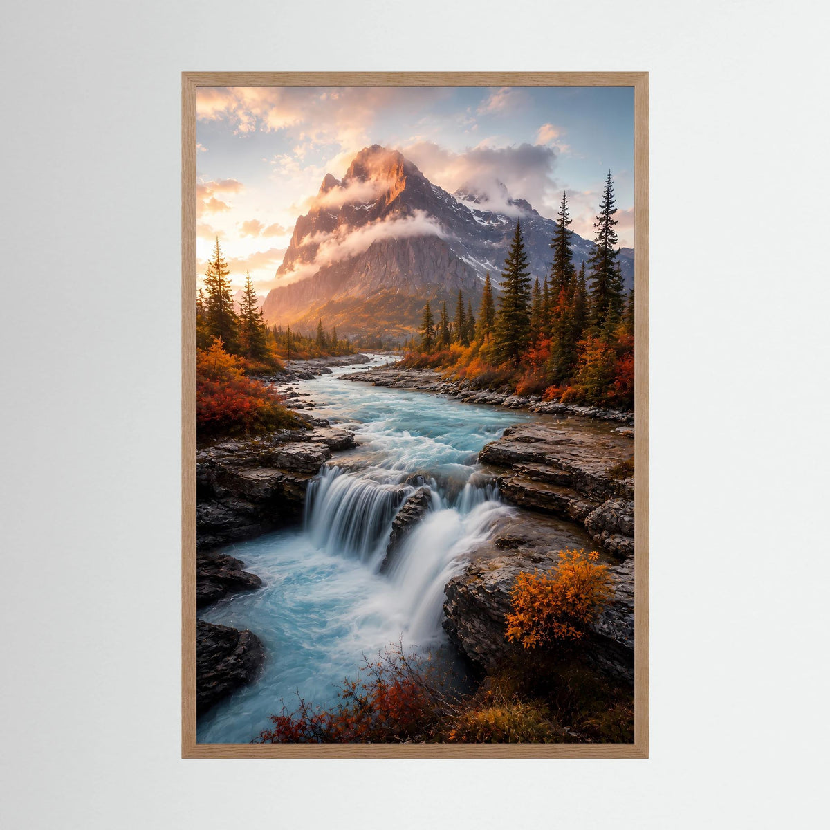 Hochformat-Poster im hellen Holzrahmen mit Wasserfall und Berglandschaft im Herbst