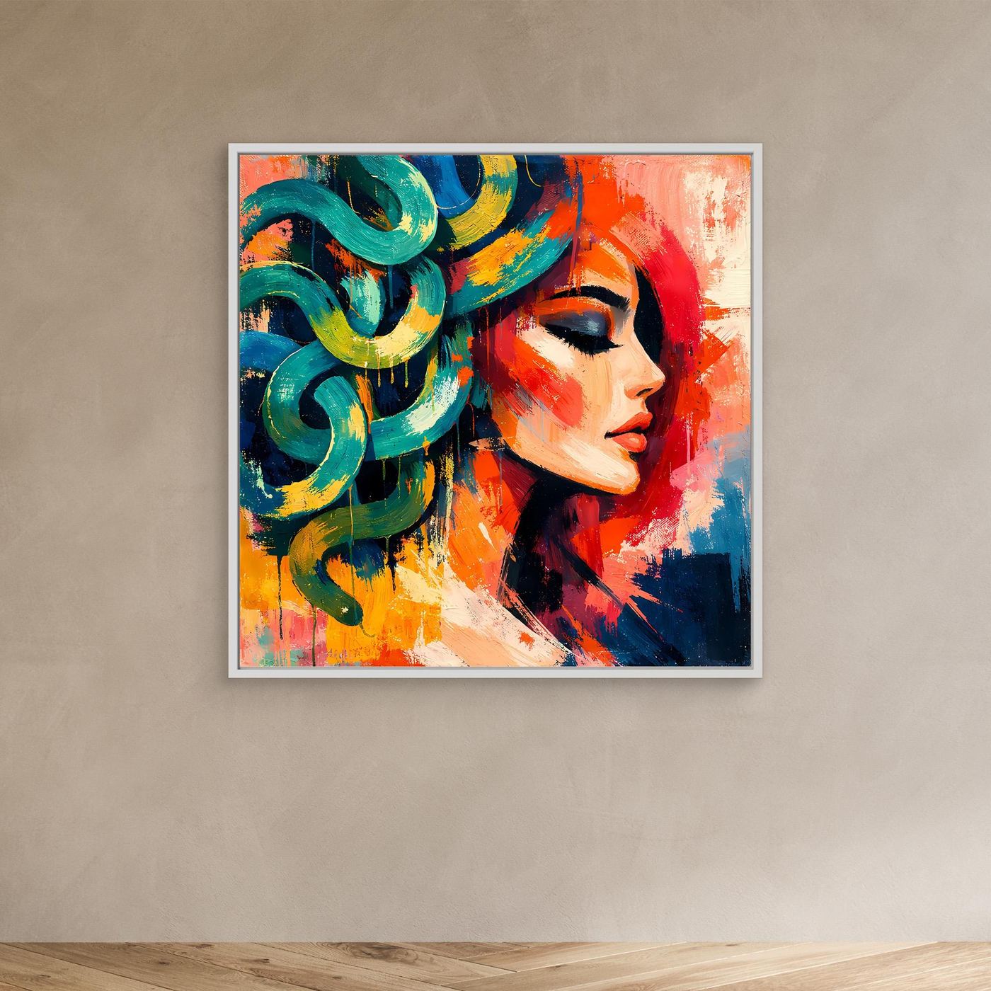 Leinwand-Wandbild Medusa-Profil mit türkis-gelben Schlangen, quadratisches Bild