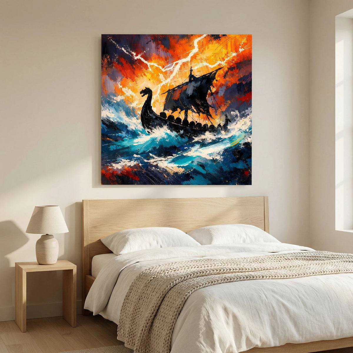 Keilrahmen-Leinwand über dem Bett: schwarzes Wikinger-Langschiff, orange Blitz, blaue See und Wolken