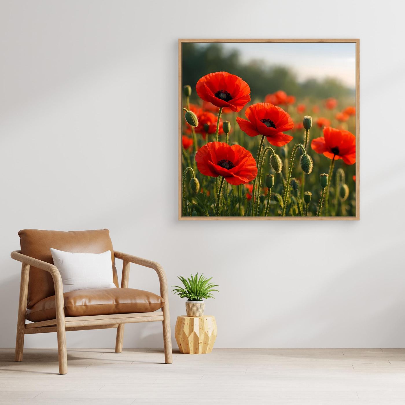Leinwand-Wandbild mit goldenem Holzrahmen und roten Klatschmohnblüten im grünen Feld