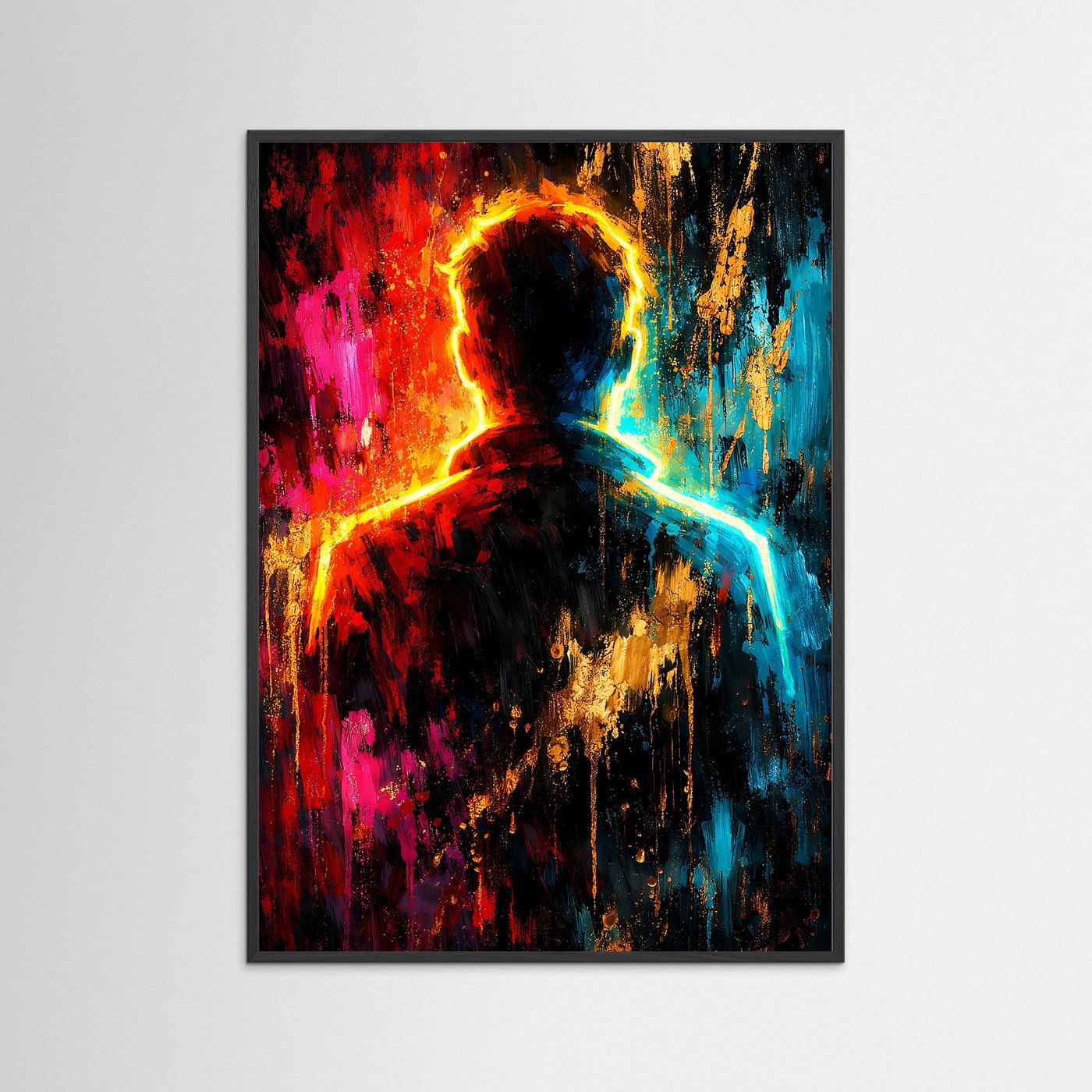 Hochformatiges Poster mit Menschensilhouette, Neon-Glühen und schwarzem Rahmen