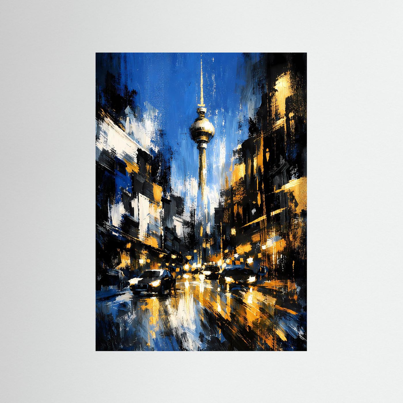 Hochformatiges abstraktes Stadtposter mit Fernsehturm, blau-goldener Lichtreflexion