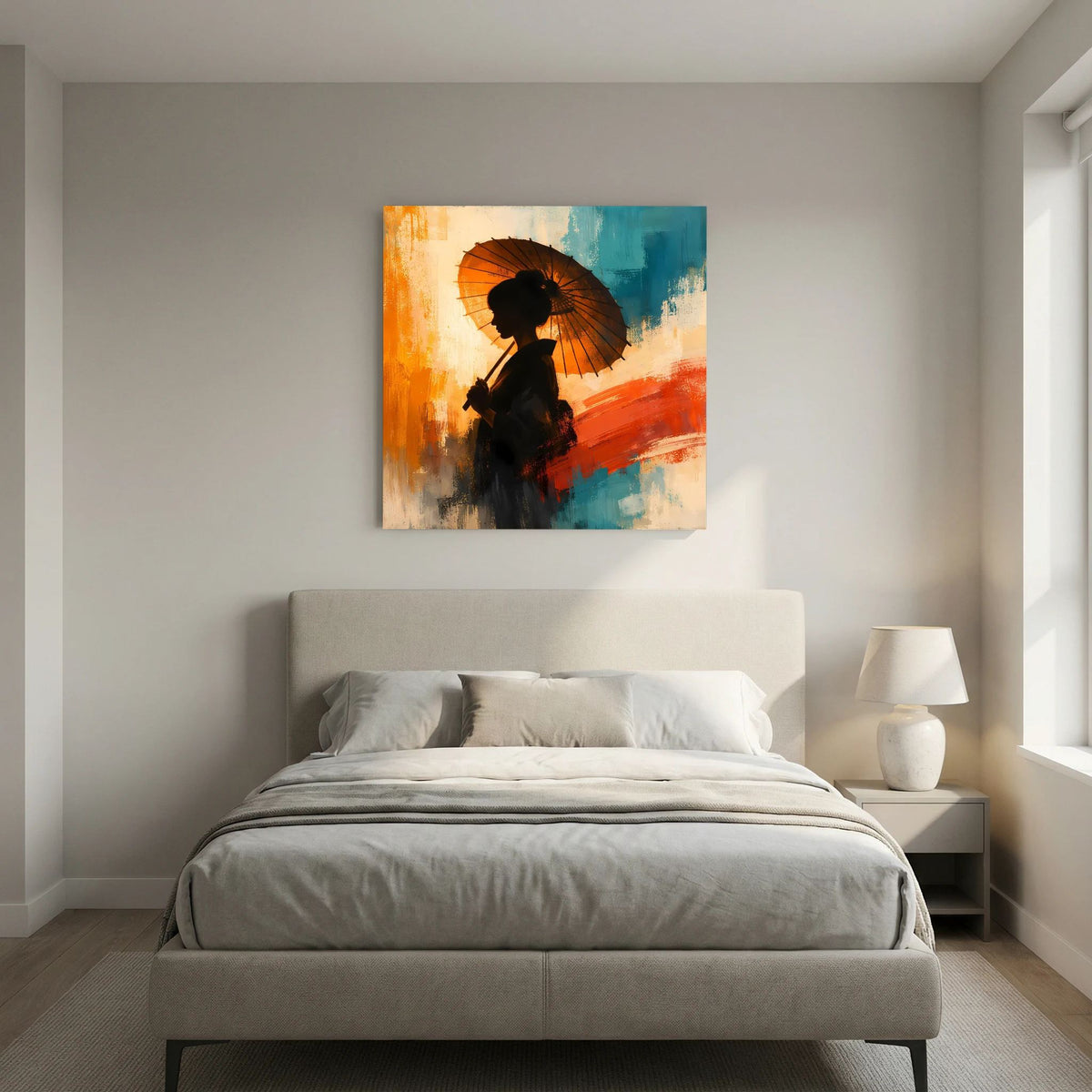 Keilrahmen-Leinwand mit Frauensilhouette und Sonnenschirm, gedämpfte Orange- und Blautöne