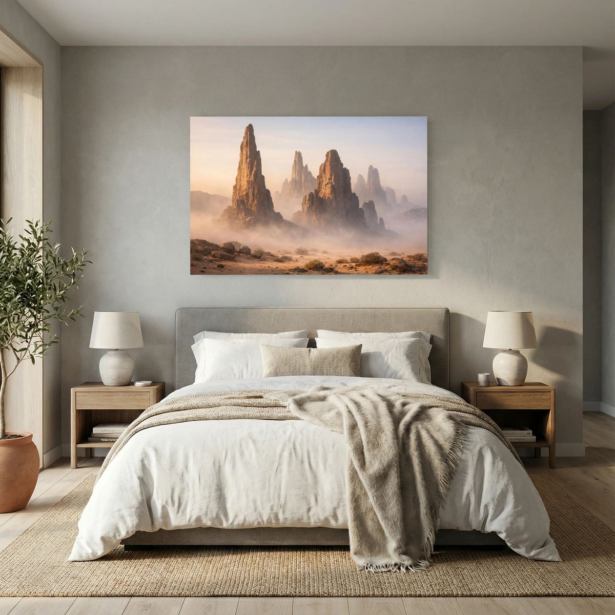 Wandposter im Querformat mit Wüstenfels und Nebel, warme Sand- und Brauntöne