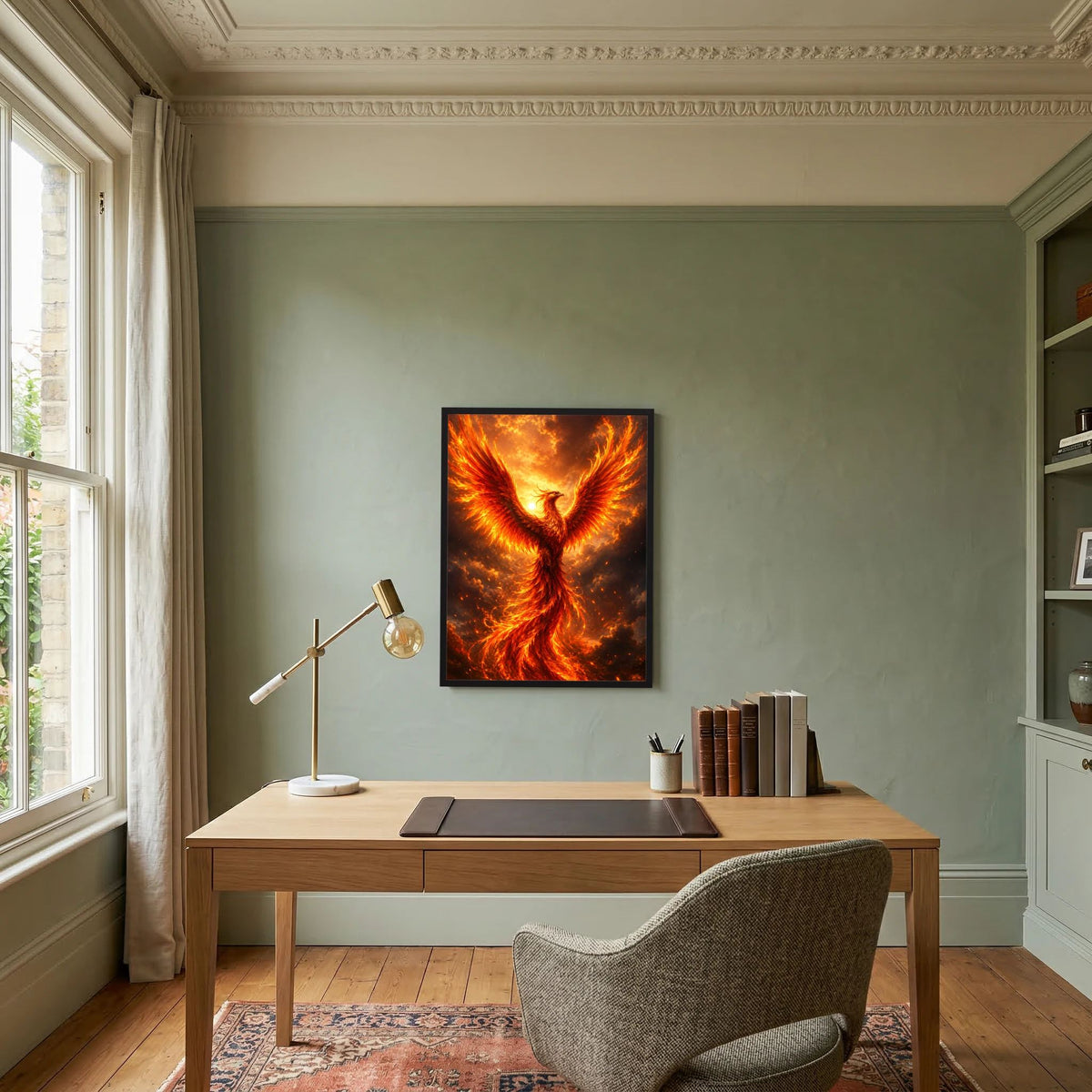 Wandposter mit Phönixmotiv: gold-orange Flammen, dunkler Hintergrund