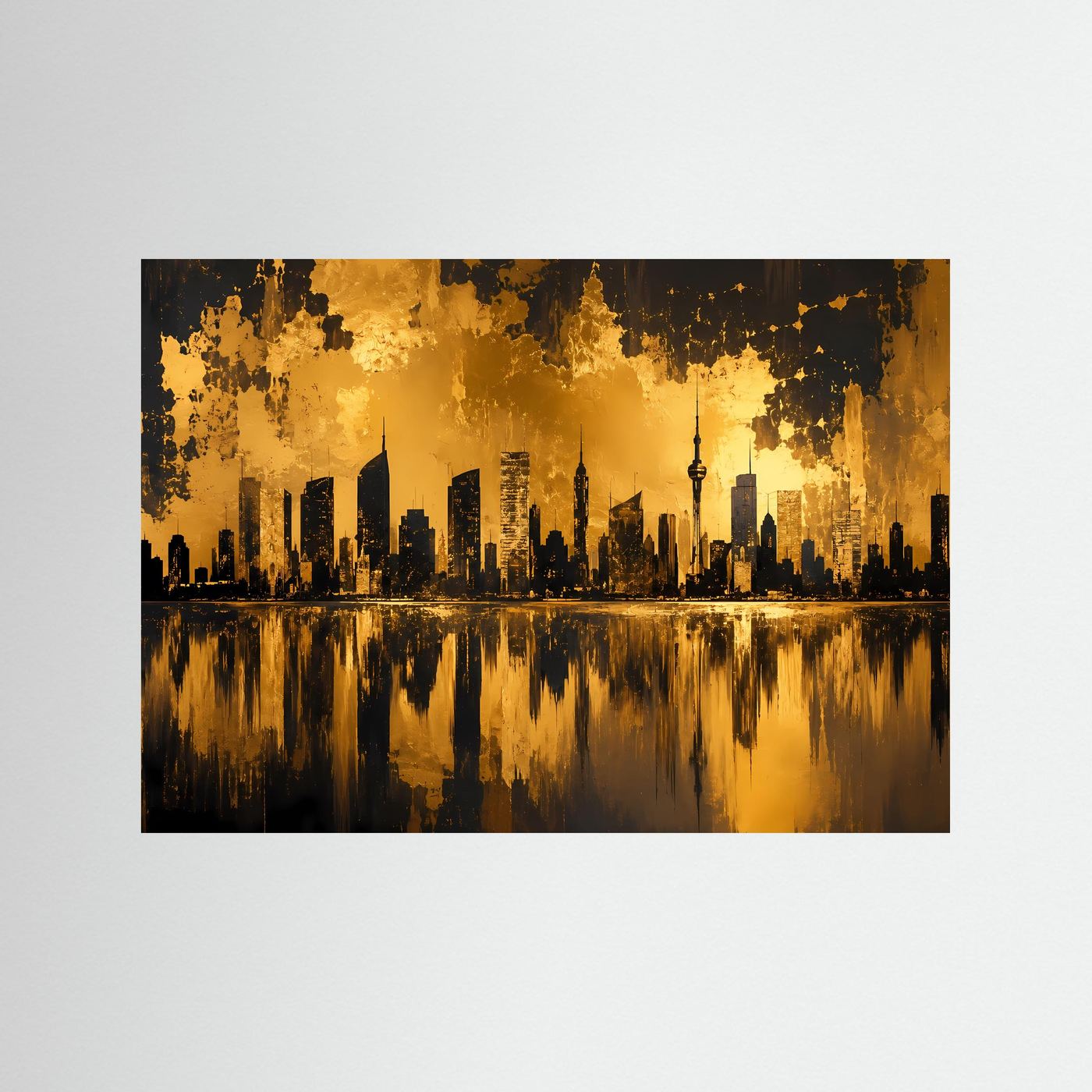 Querformat-Poster mit abstrakter Skyline in Schwarz und Gold, Spiegelung im Wasser