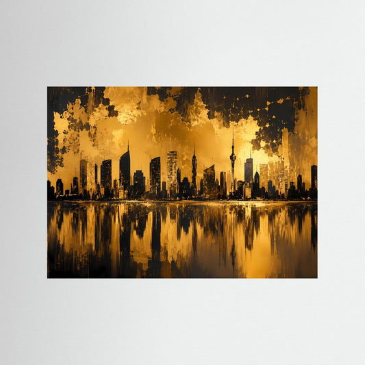 Querformat-Poster mit abstrakter Skyline in Schwarz und Gold, Spiegelung im Wasser