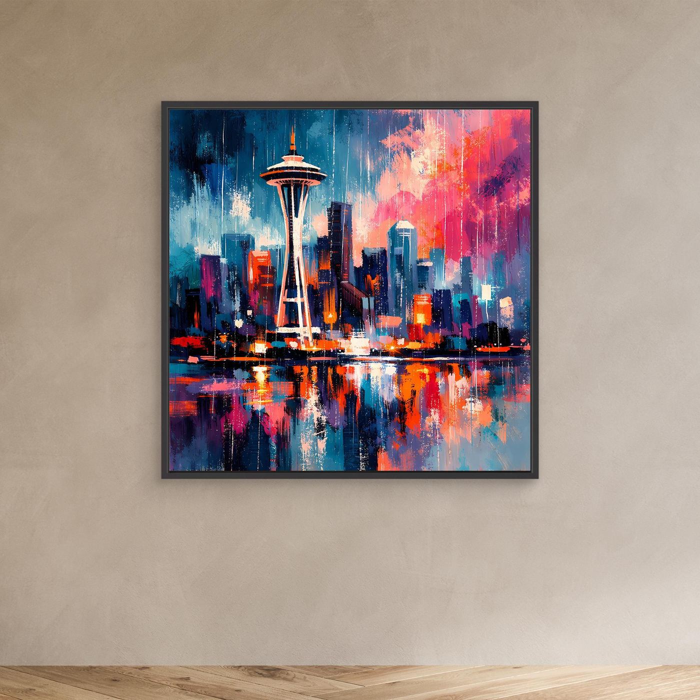 Wandbild Space Needle mit schwarzem Rahmen an der Wand, abstrakte Skyline in Blau-Rot