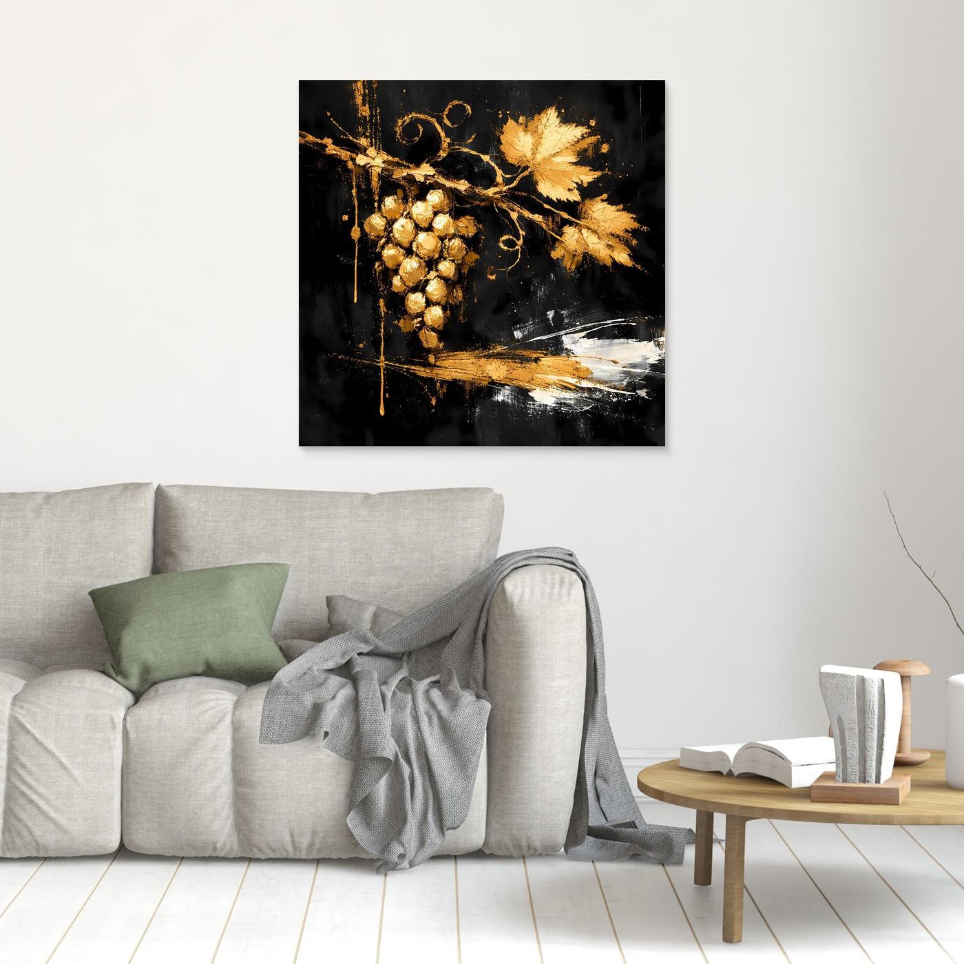 Leinwand Goldene Weintrauben auf Schwarz | Modernes Luxus Wandbild Küche & Wohnzimmer