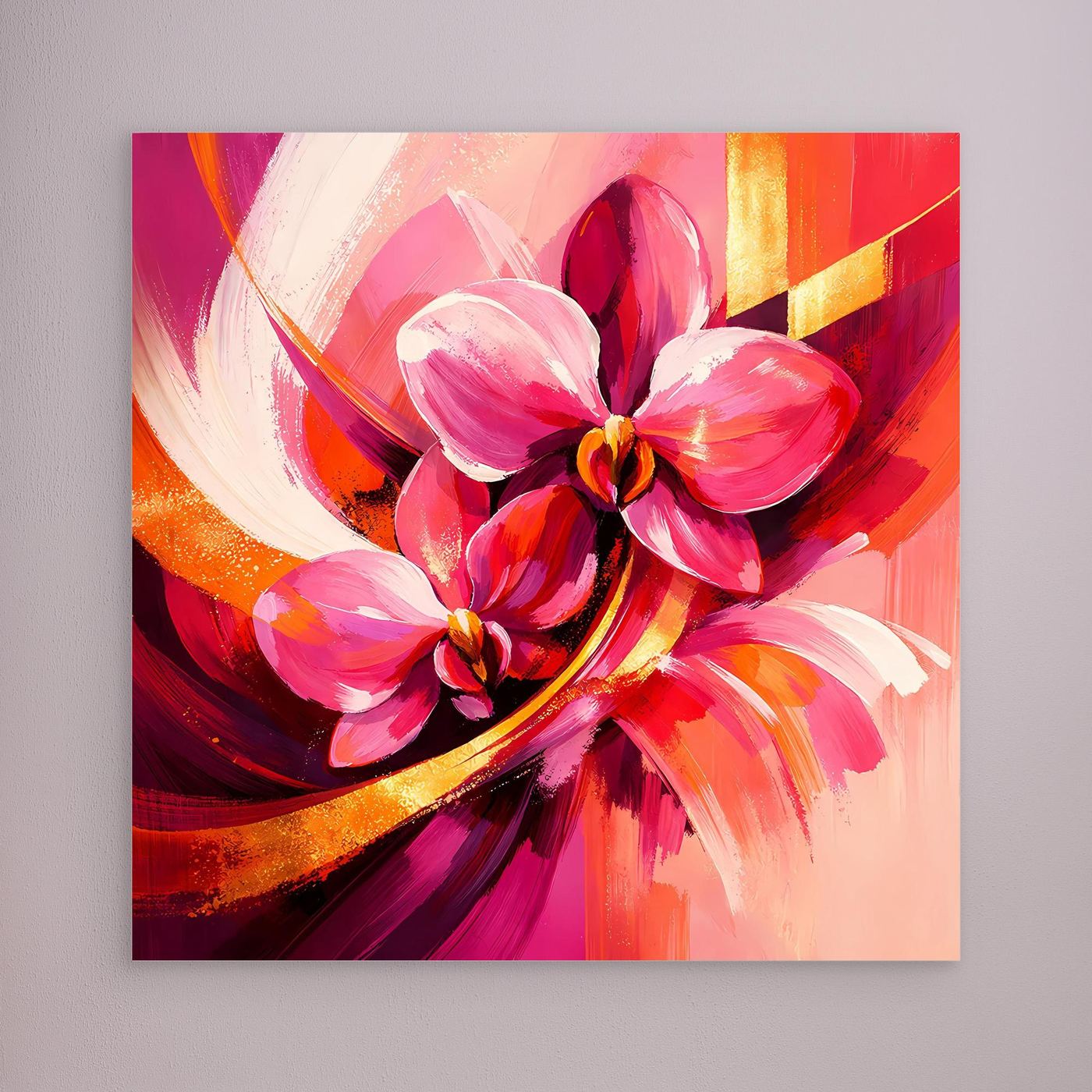 Leinwandbild mit abstrakten Orchideen in Pink, Rot und Gold