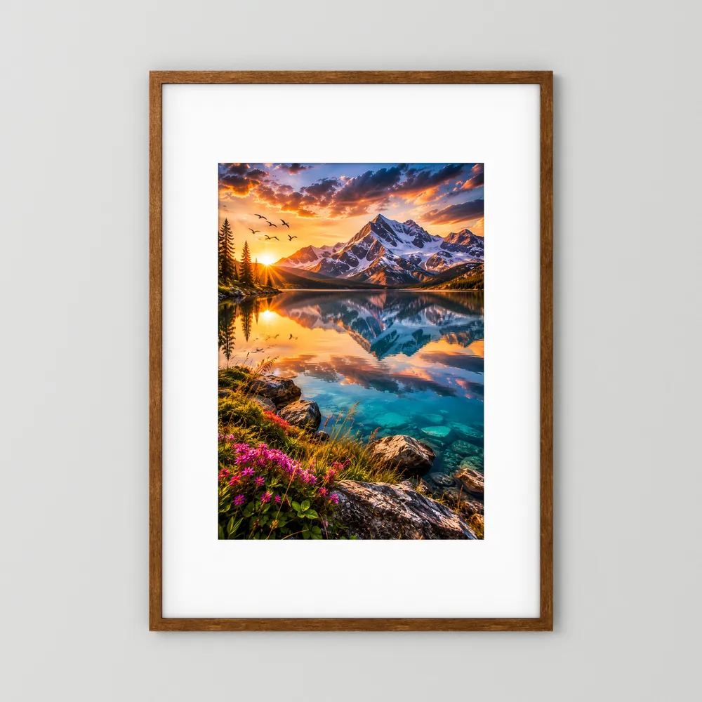 Alpenlandschaft-Poster im Hochformat mit braunem Holzrahmen und weißem Passepartout
