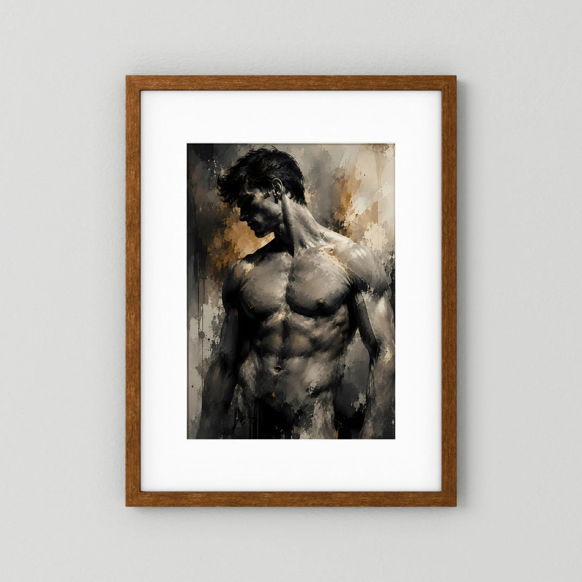 Kunstposter: abstrakter Männerakt in Schwarz und Gold, mit braunem Holzrahmen