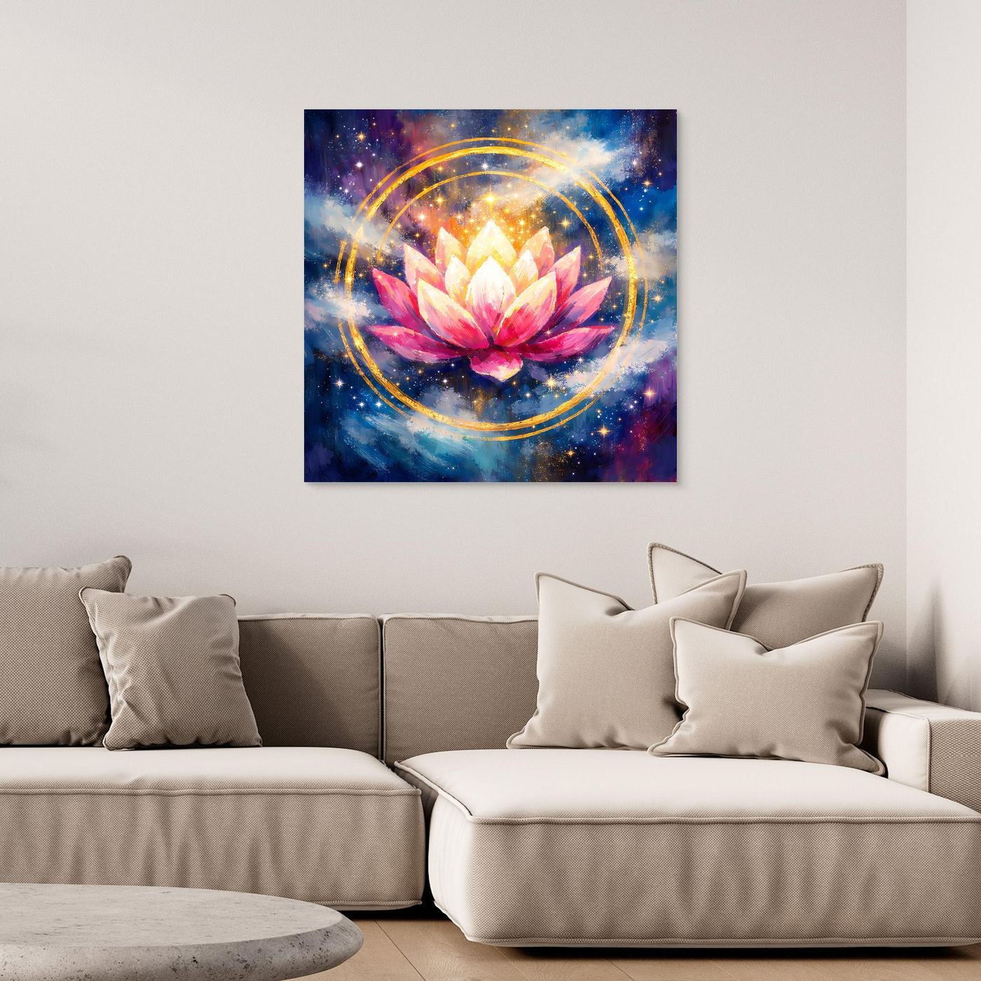 Leinwand-Wandbild mit Lotusblüte im Kosmos, mit dunklem Rahmen
